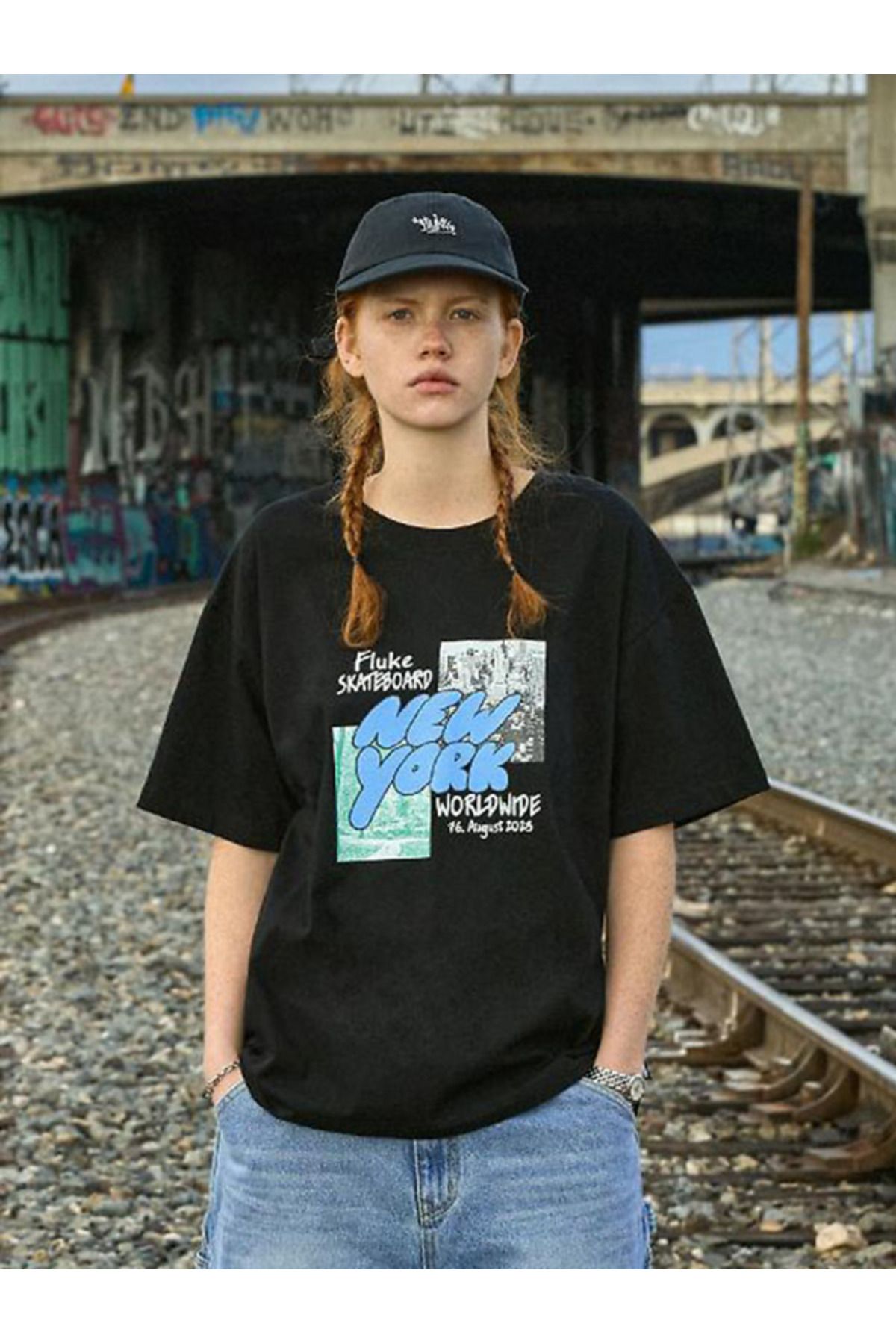 ELNOYA Unisex Pamuklu Siyah Oversize "New York" Baskılı Bisiklet Yaka Rahat T-shirt