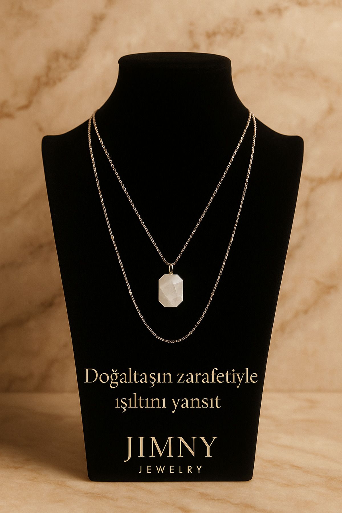 JİMNY JEWELRY Pelot Silver Dikdörtgen Kesim Kristal Kuvars Uçlu Kolye