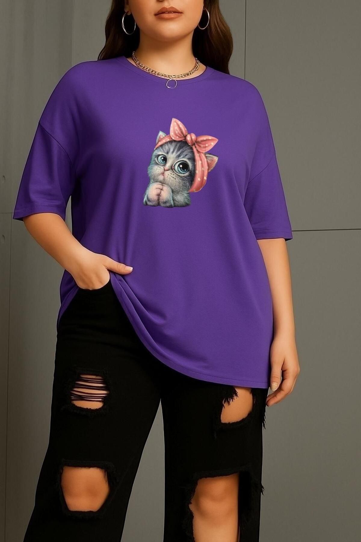 BENROMA BÜYÜK BEDEN MİNNOŞ KEDİ BASKILI UNİSEX TİŞÖRT