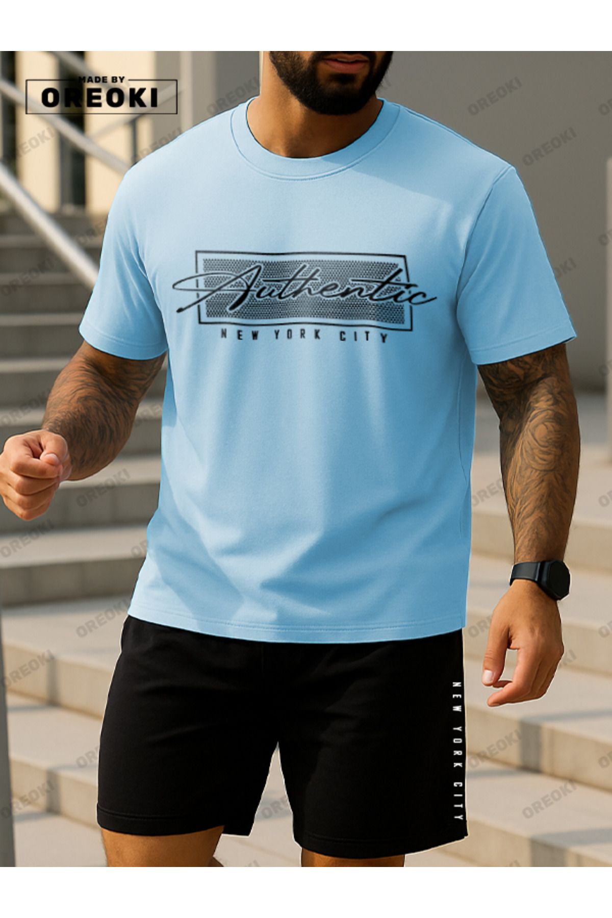 EFFRENATU Otantik Baskılı Pamuklu Kumaş Erkek Açık Mavi T-shirt-Siyah Şort Takım