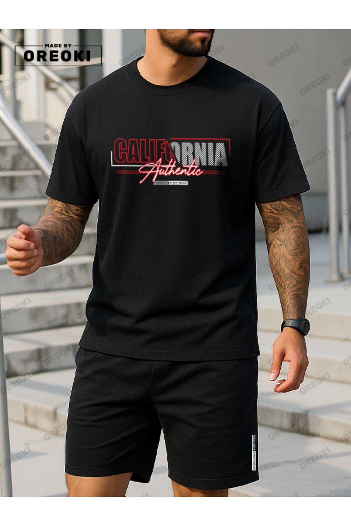 EFFRENATU Kaliforniya Otantik Baskılı Pamuklu Kumaş Erkek Siyah T-shirt-Siyah Şort Takım