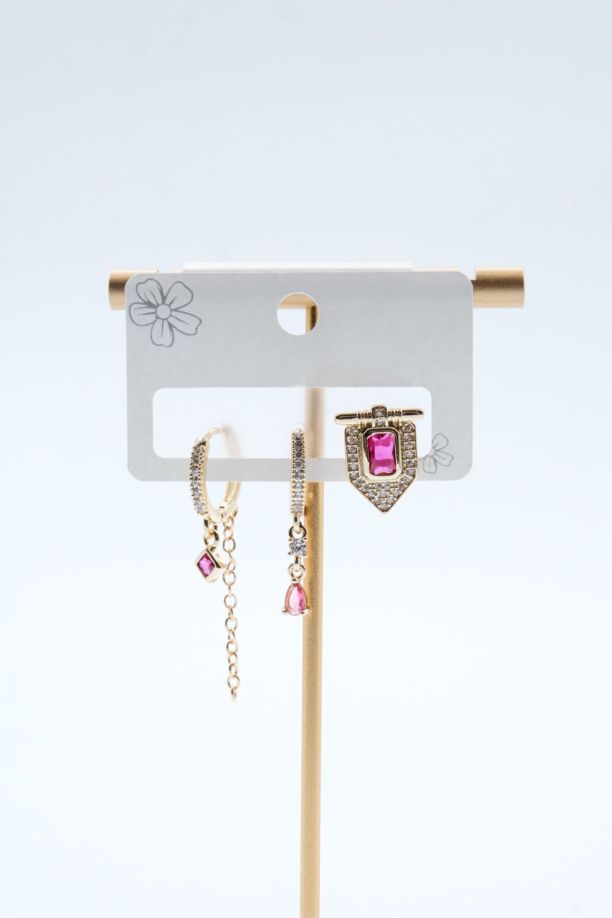 ATELİER BEREN Pink Rebel Set - Asimetrik Taşlı 3’lü Gold Küpe Takımı – Zincirli & Zırh Model