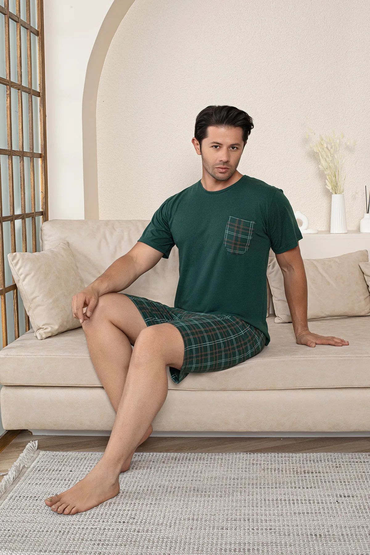 Eflinzümratekstil Erkek Yazlık Kısa Kol Şortlu Ekoseli Pijama Takımı