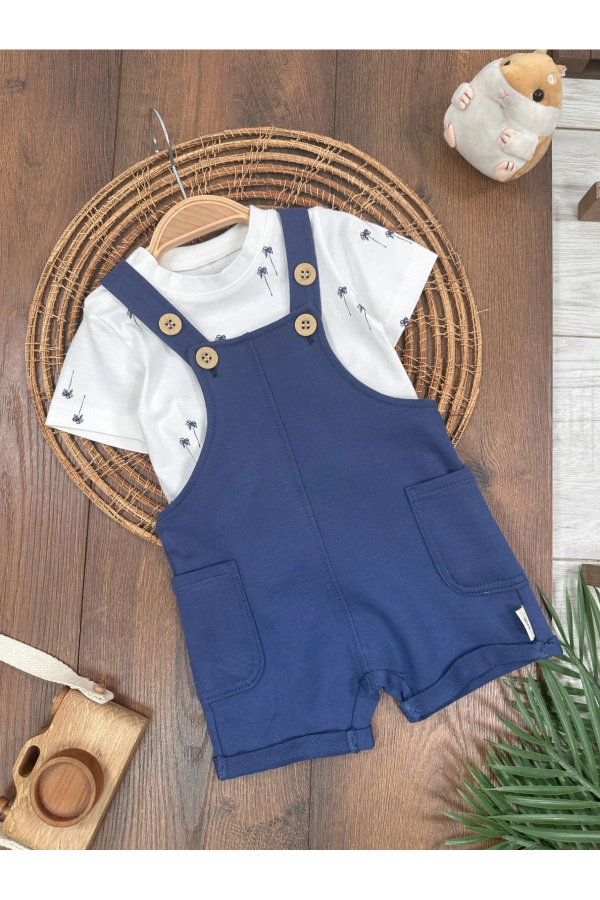 tiwitibaby Salopet Palmiye Baskılı Omuzdan Çıtçıtlı Badi Yazlık Erkek Bebek Takım