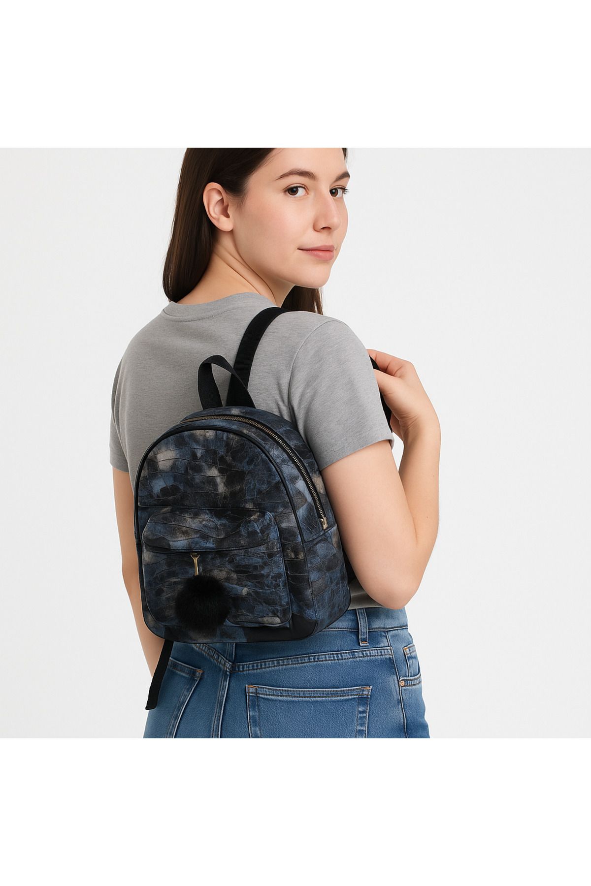 Satuna Kadın Günlük Mini Sırt Çantası - Desenli Lacivert Ponponlu Model