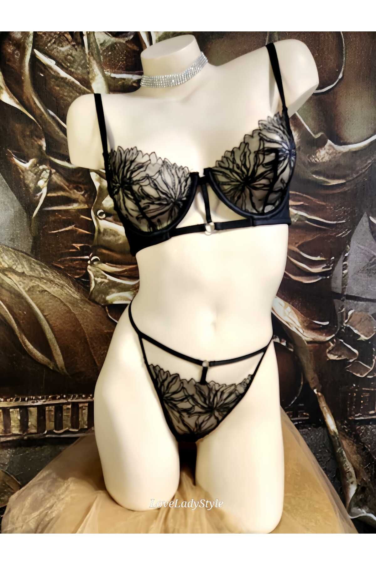 LoveLadyStyle Love Lady Siyah Dantelli Şerit Detaylı İç Çamaşırı Takımı Siyah - WNN2585
