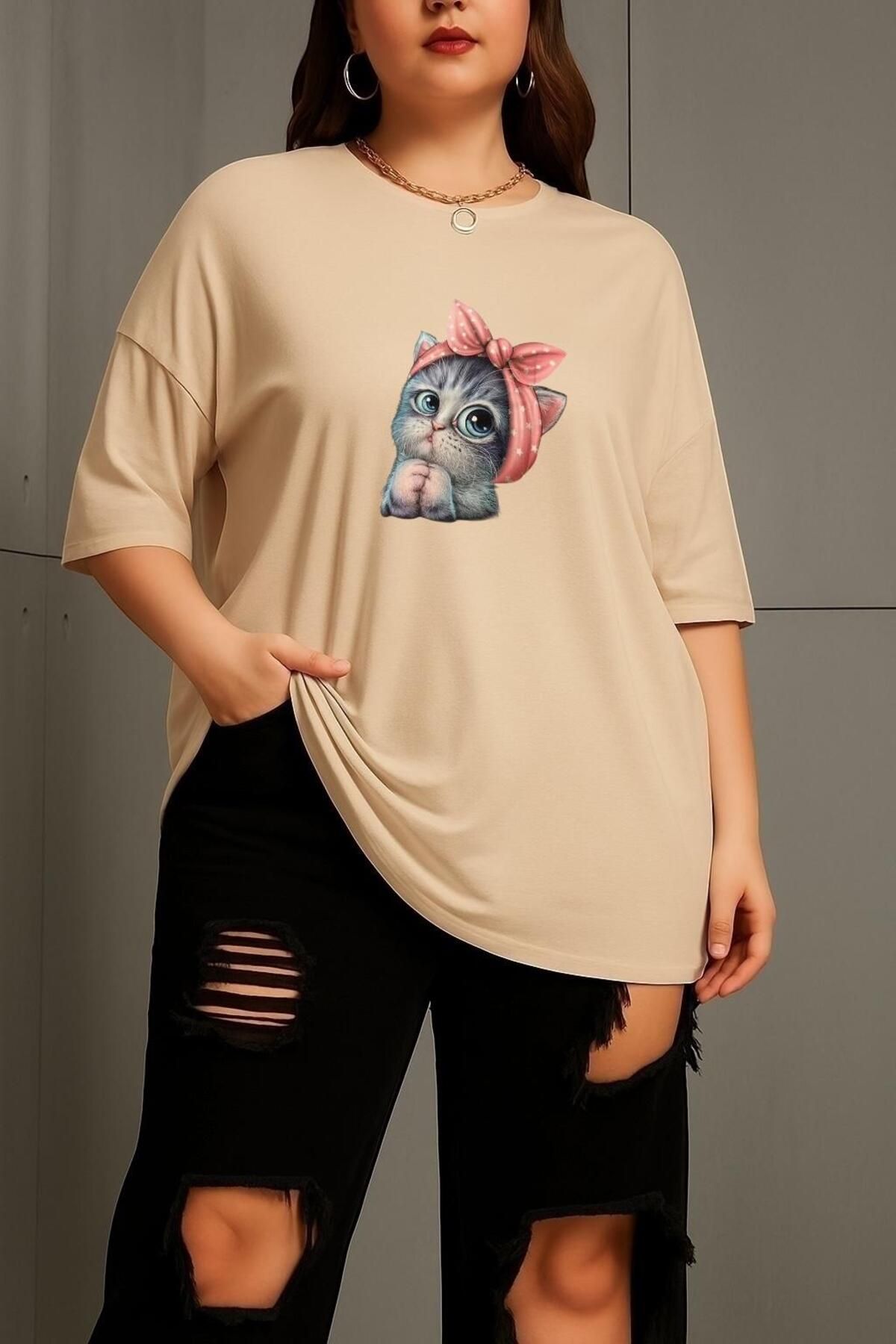 BENROMA BÜYÜK BEDEN MİNNOŞ KEDİ BASKILI UNİSEX TİŞÖRT