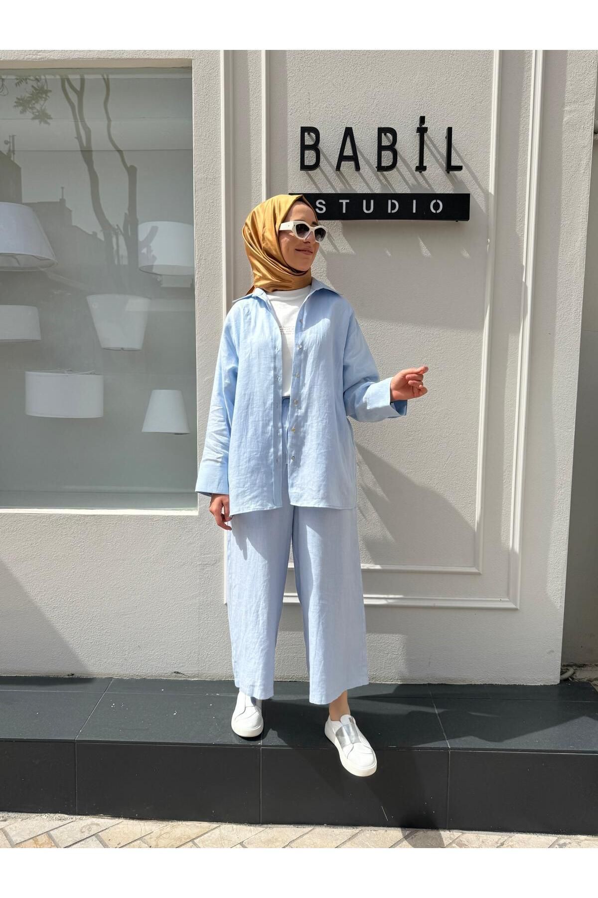 QOOQ STORE 25SS212 Keten Basic Kadın Gömlek Bebek Mavi