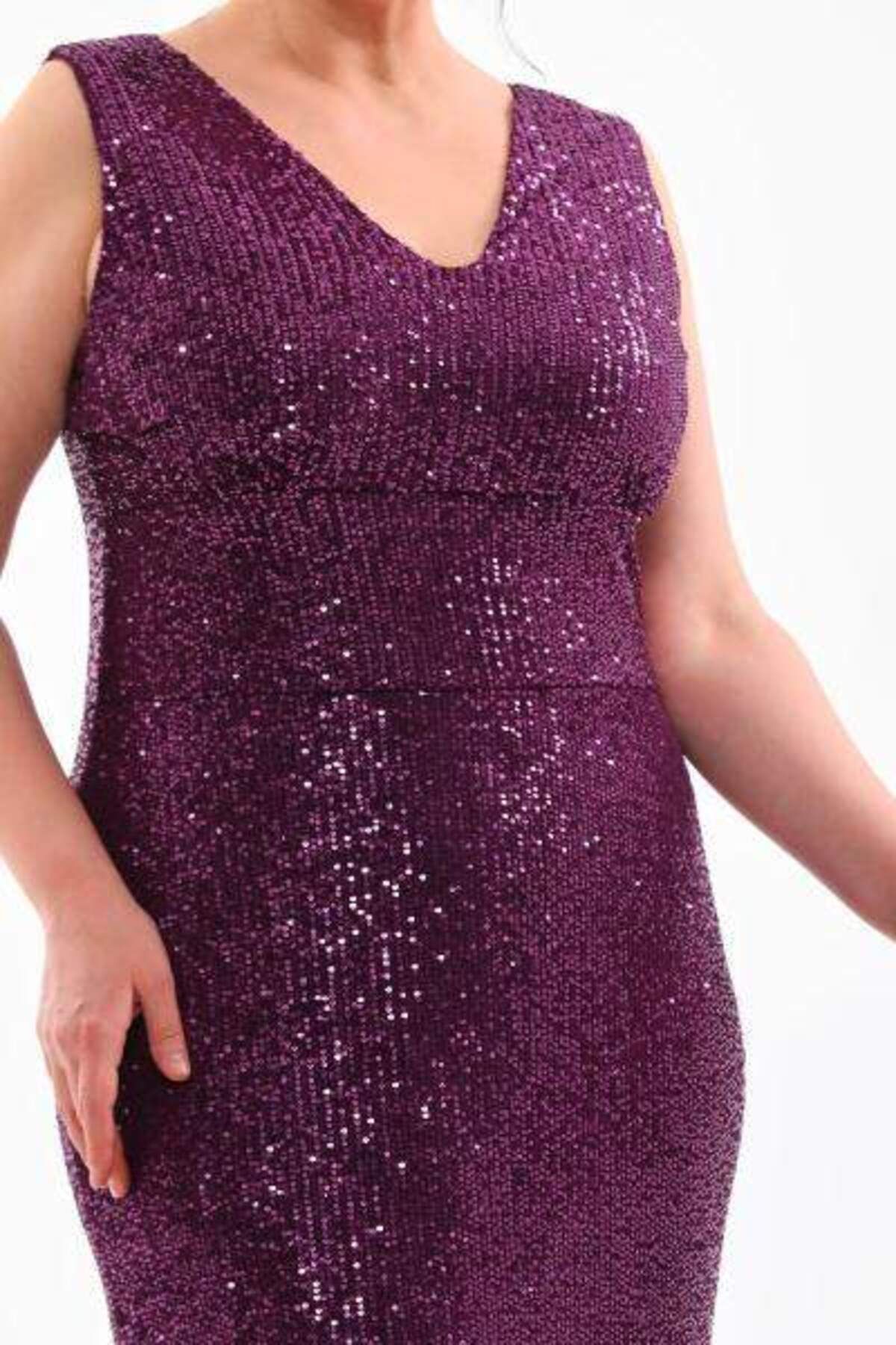 angelino butik Büyük Beden Pul Payet V Yaka Uzun Abiye Elbise KL3098 Mor