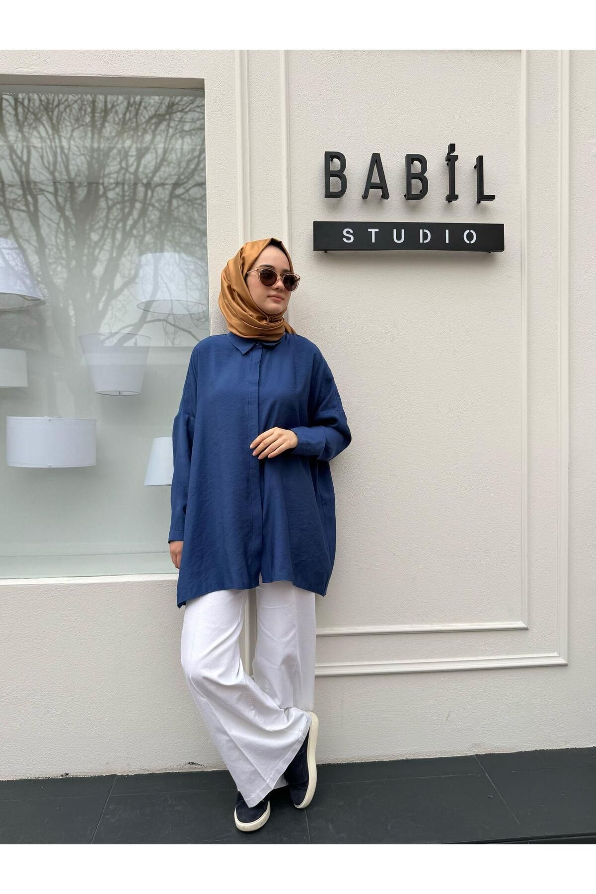 QOOQ STORE Yarasa Kol Kadın Basic Gömlek Saks Mavi
