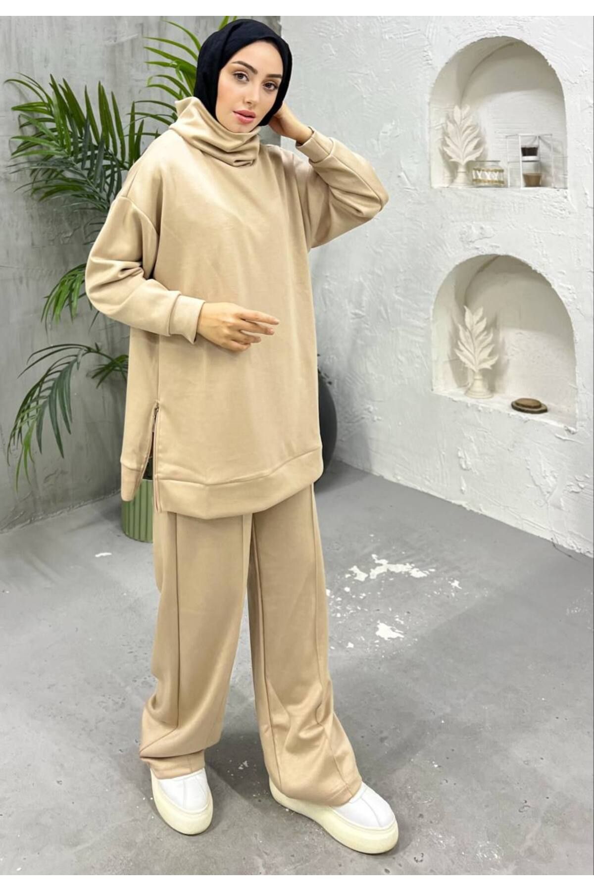 zümrüt moda Yandan fermuar detaylı boğazlı tunik ve pantolondan oluşan ikili eşofman takımı 1762