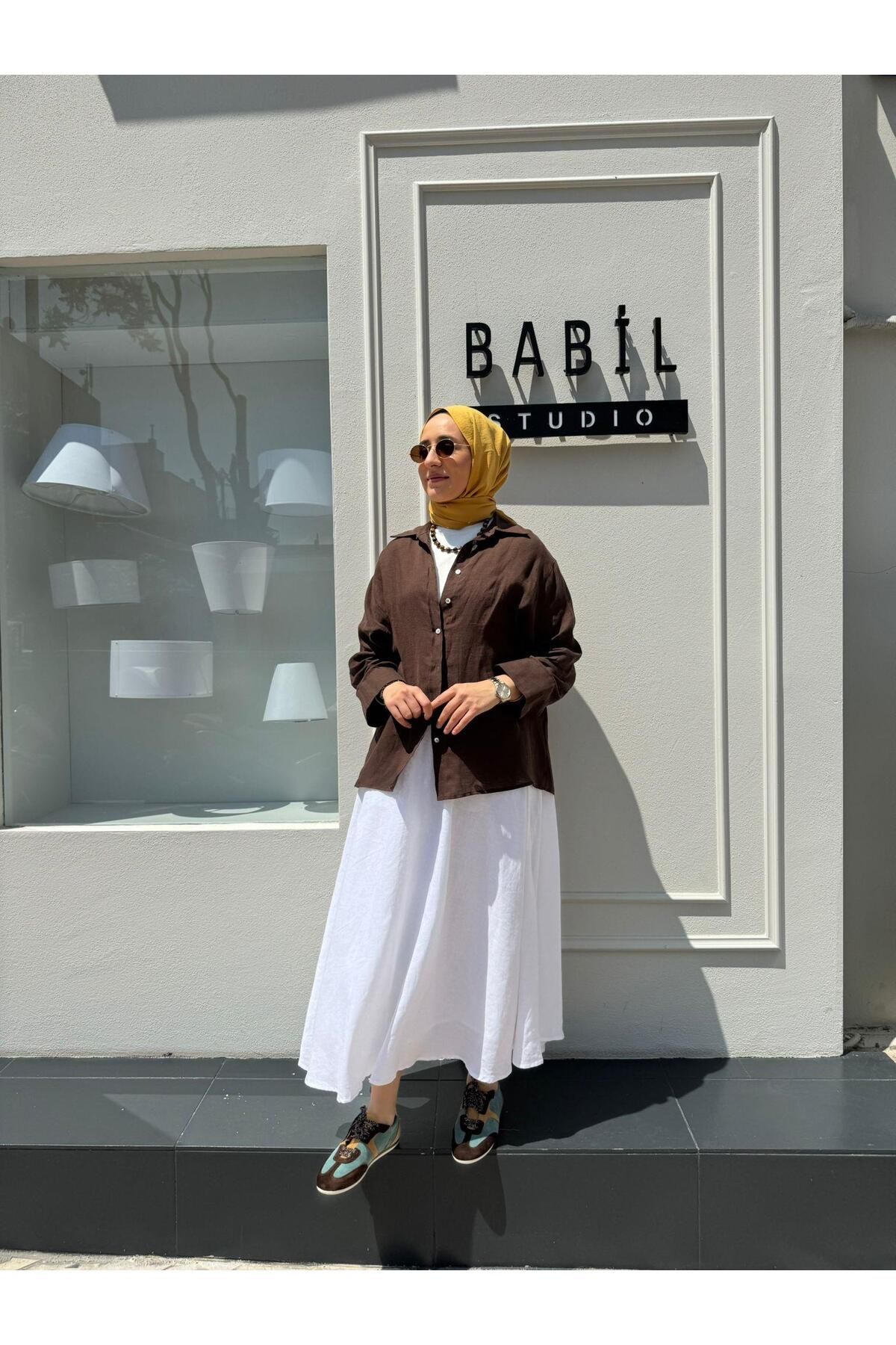 QOOQ STORE 25SS212 Keten Basic Kadın Gömlek Kahve