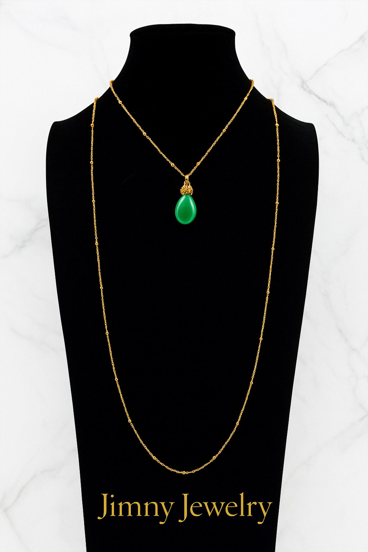JİMNY JEWELRY Pelot Gold Damla Kesim Yeşil Kedi Gözü Uçlu Kolye