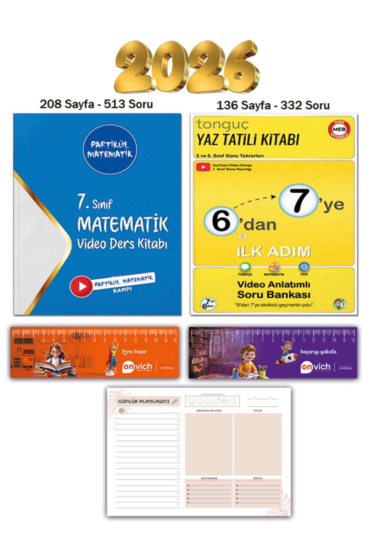 Tonguç Yayınları 6 dan 7 ye Hazırlık Yaz Tatili Kitabı - 7. Sınıf Partikül Matematik Video Ders Kitabı Planlayıcı Set