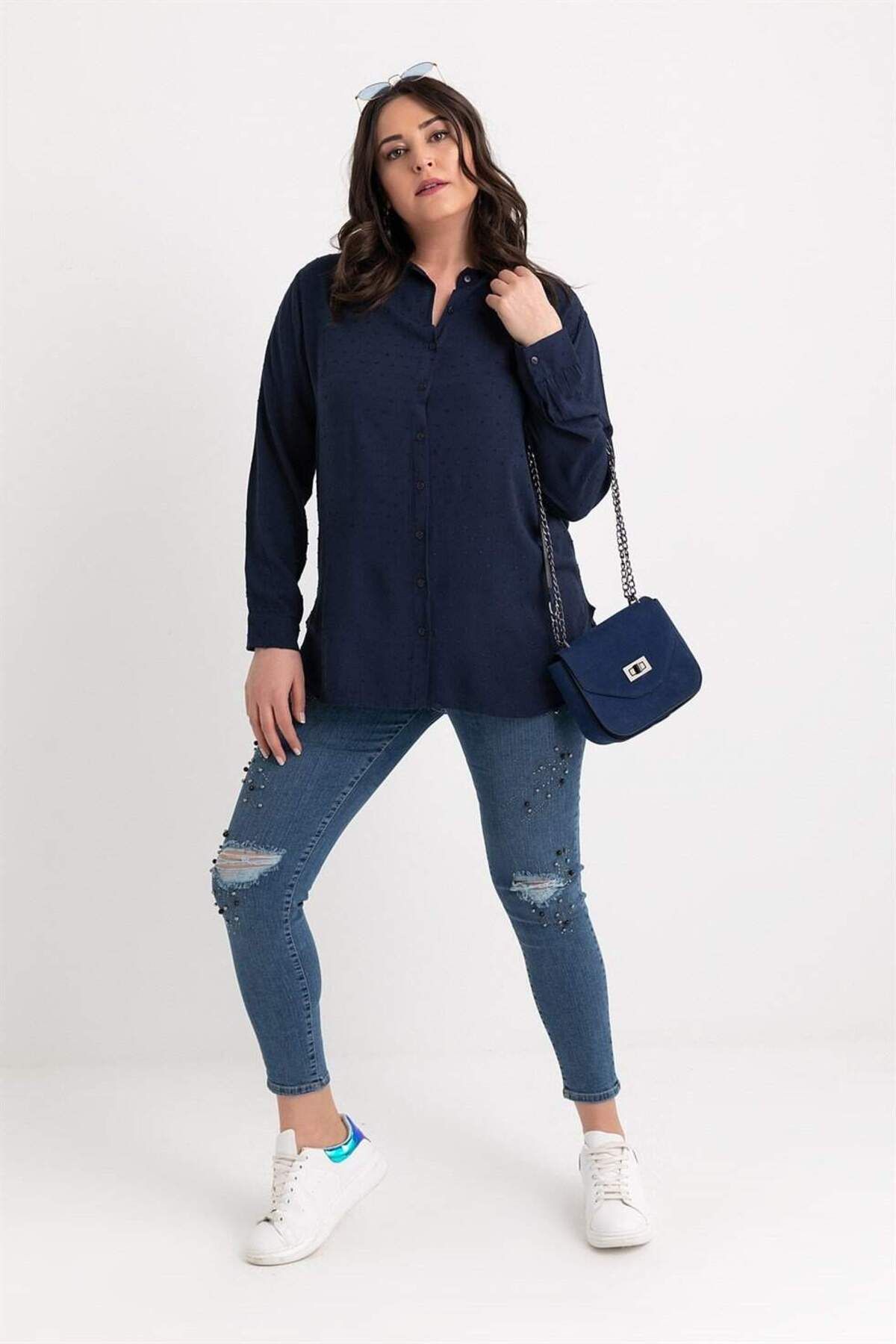 angelino butik Büyük Beden Taşlı Boncuklu Jean Pantolon - MAVİ