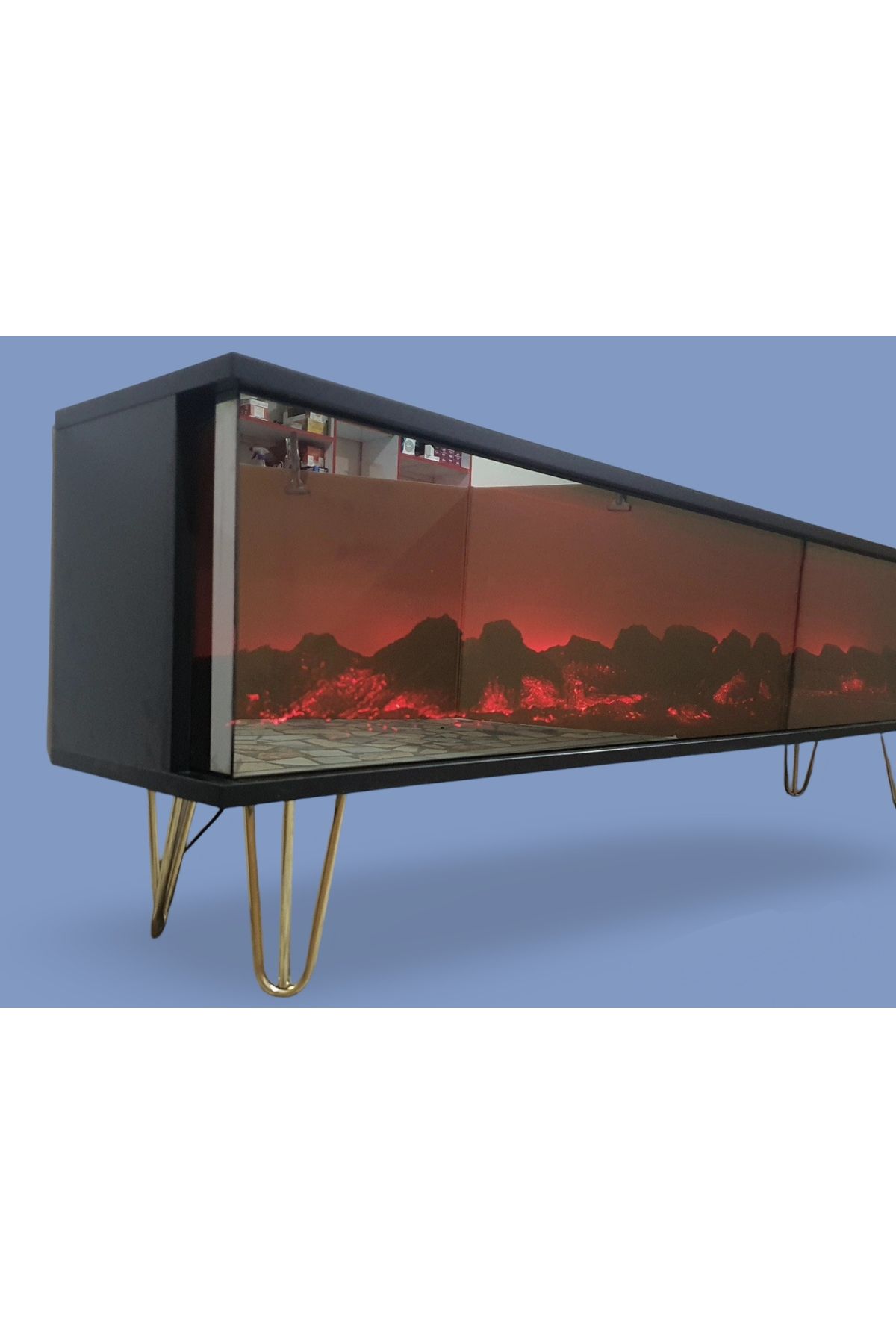ERTEK GLOBAL Tv Sehpası Full Şömineli Kumandalı Bluetooth Stereo Ses 6 Modlu Ünite 170 Cm Mdf Metal Ayak
