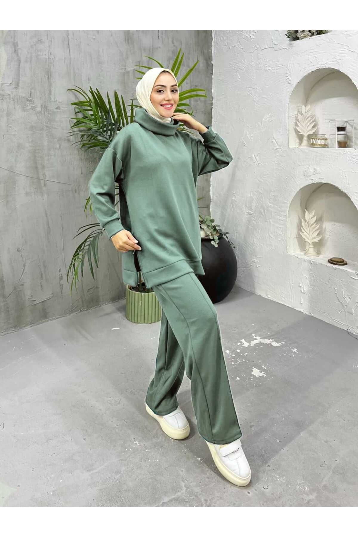 zümrüt moda Yandan fermuar detaylı boğazlı tunik ve pantolondan oluşan ikili eşofman takımı 1762