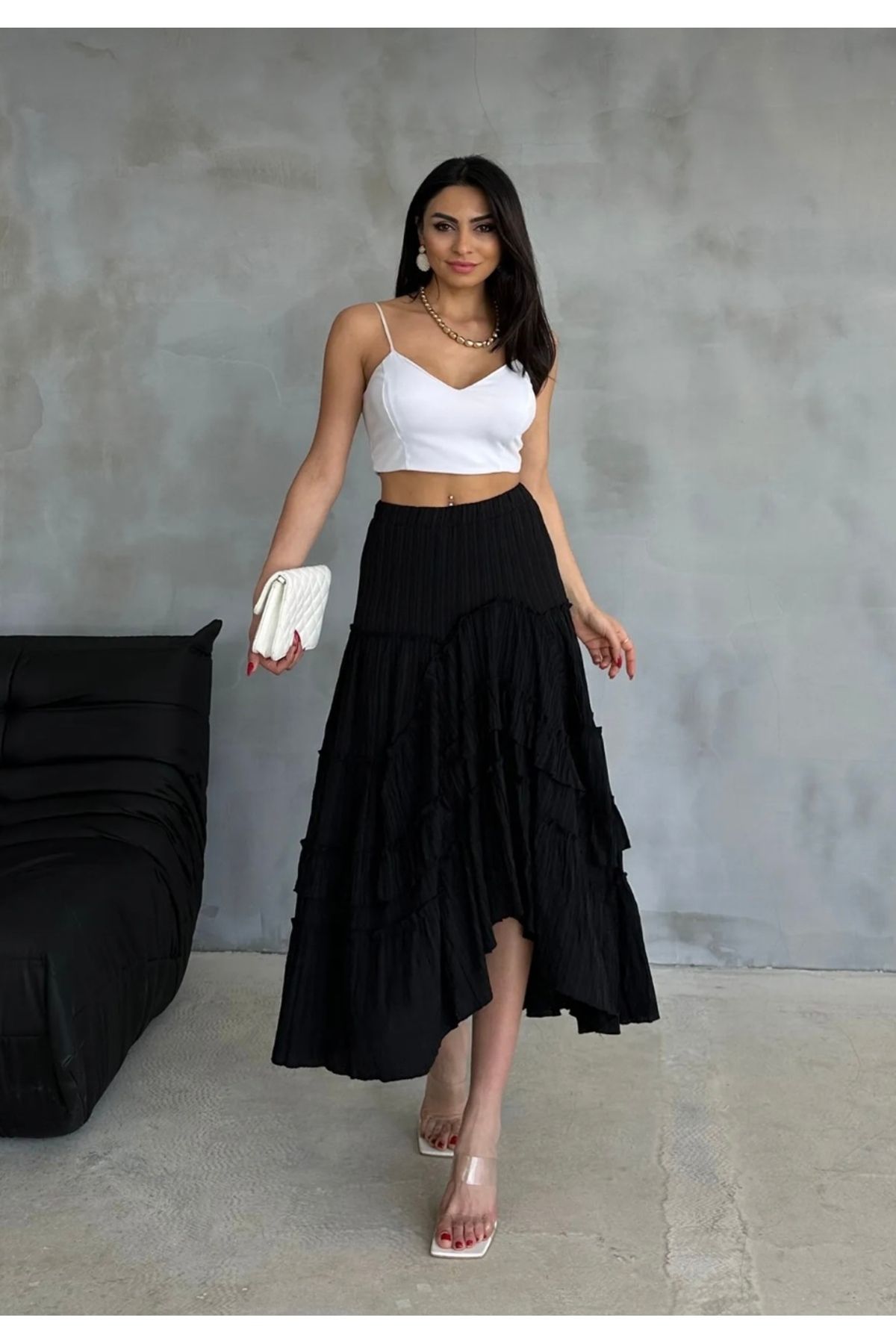 My Style Asimetrik Beli Lastikli Astarlı Etek