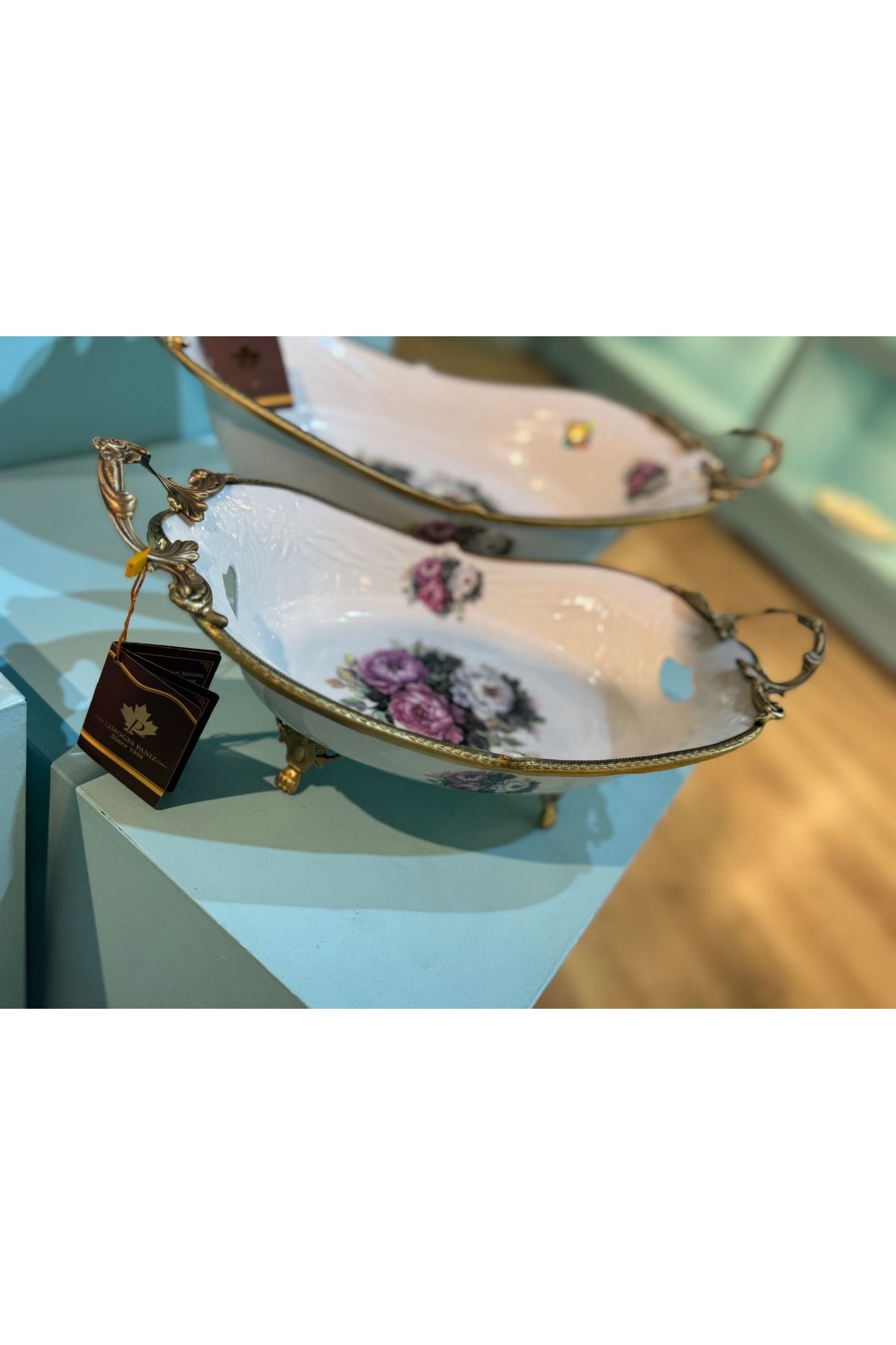 hediye ESTERHOMEDECOR Ayaklı sunum tabağı 35*18*13cm kulplu çiçekli sunumluk
