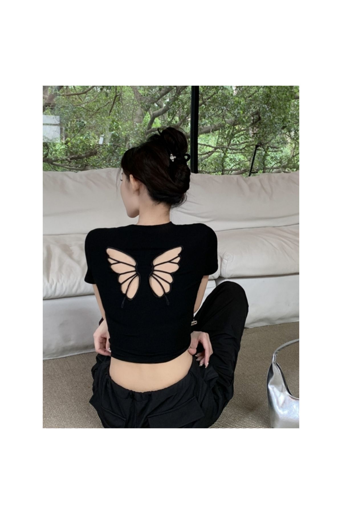 Peripeti Butterfly Sırt Dekolteli Siyah Tişört