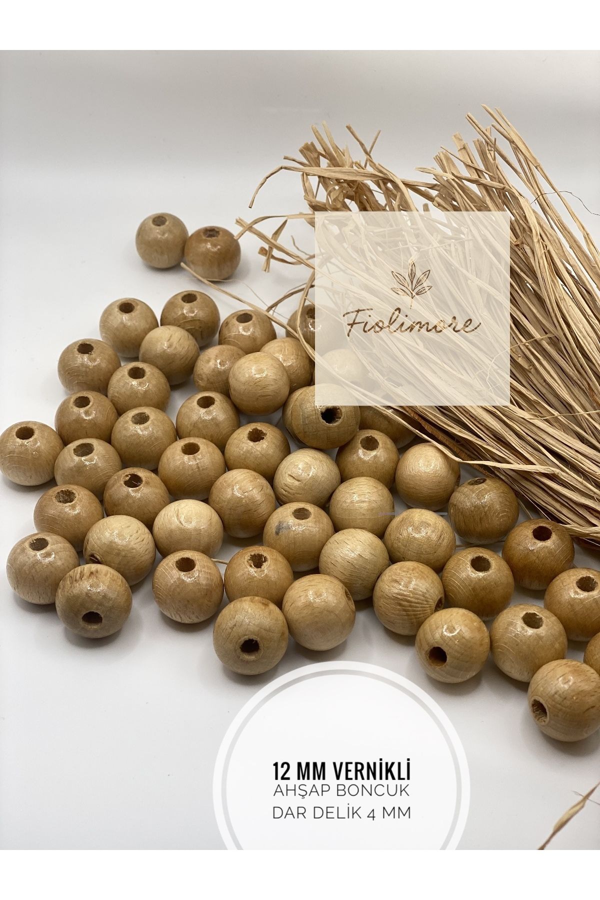 Fiolimore 12 mm Vernikli Ahşap Boncuk (50 Gram 95 Adet) Delik Çapı 4 mm Yuvarlak Dar Delik Tahta
