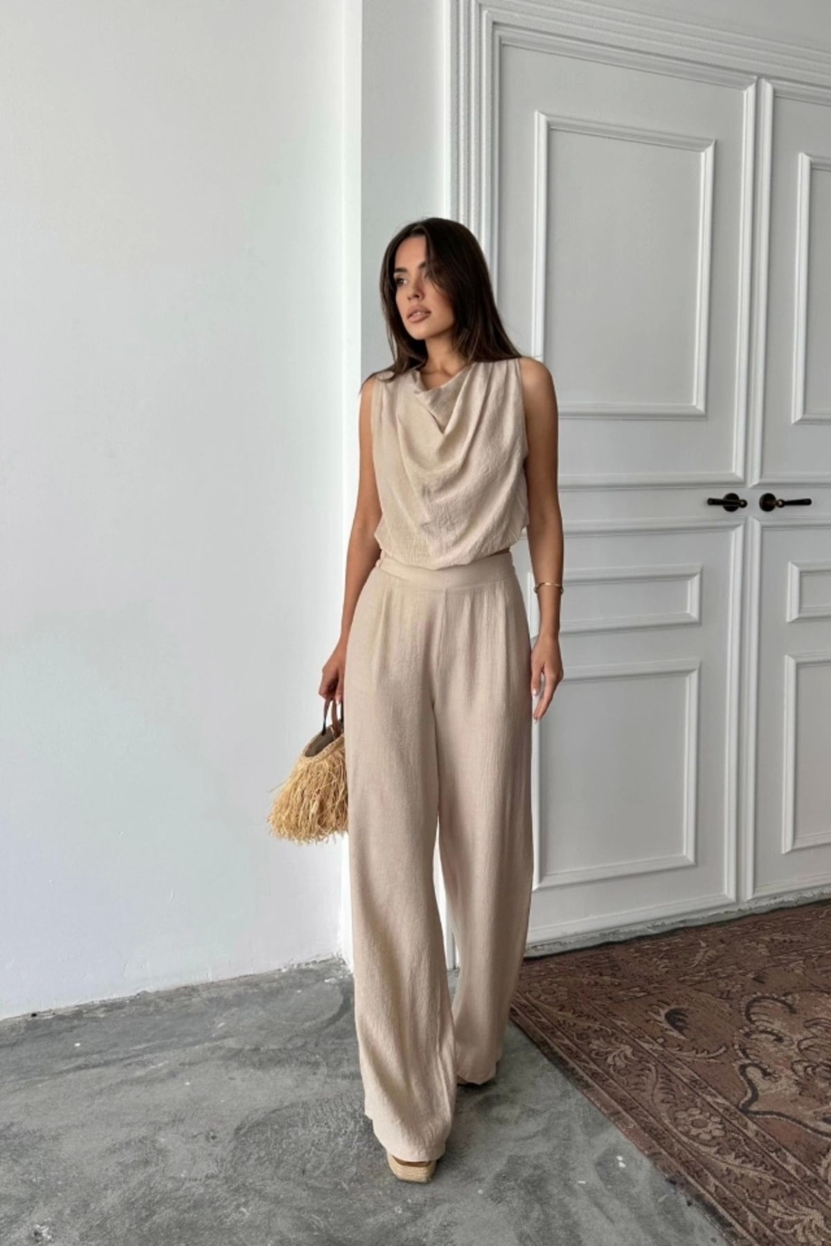 Butik DEGAJE YAKA KOLSUZ BLUZ - PANTOLON TAKIM - Bej