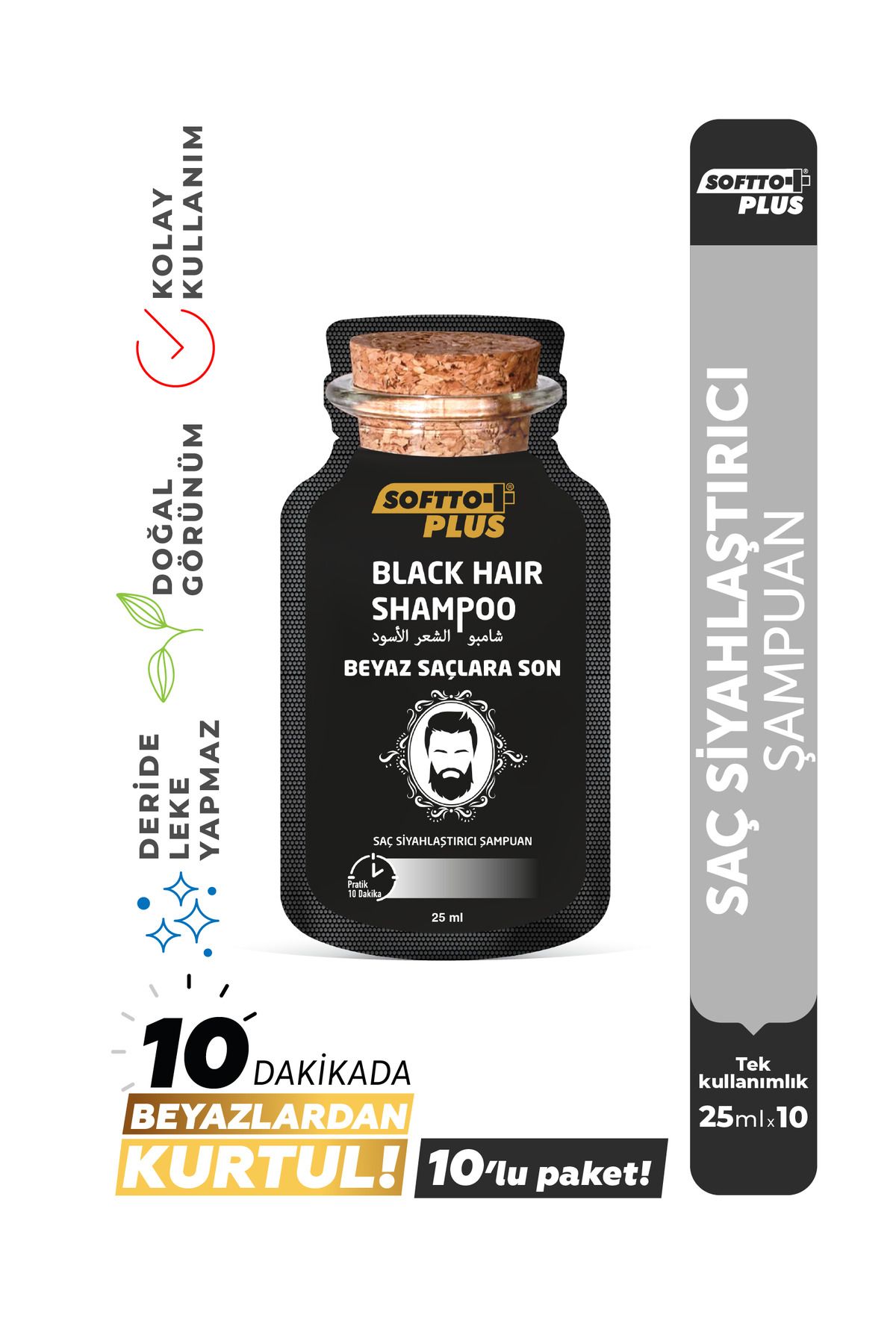 Softto Plus Black Hair Doğal Görünümlü Saç Siyahlaştırıcı Anında Etkili Şampuan Boya 25mlx10 adet