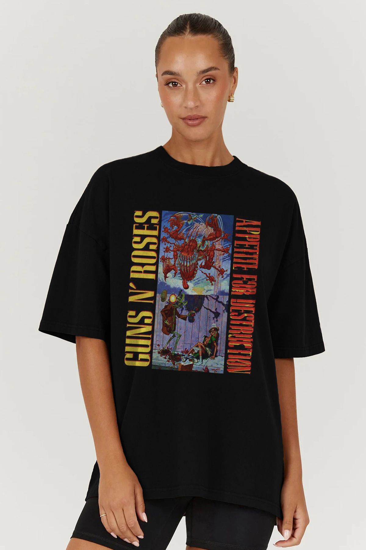 MODA Guns N Roses Baskılı Oversize Kalıp Siyah Geniş Bol Kesim Kadın Tişört