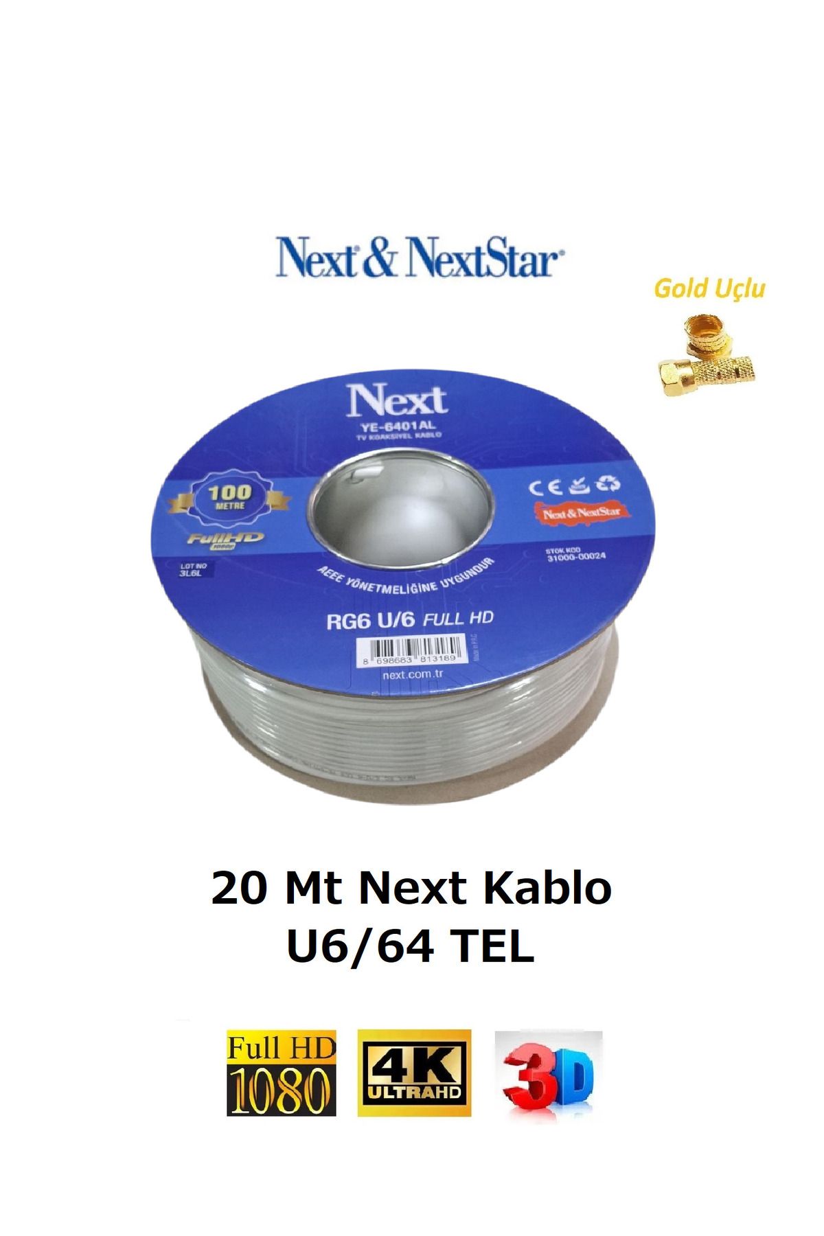 Vwin 20 Metre U6/64 TEL Next Hazır Gold Uçlu Anten Kablosu Full HD 3D 4K (Tak Kullan)