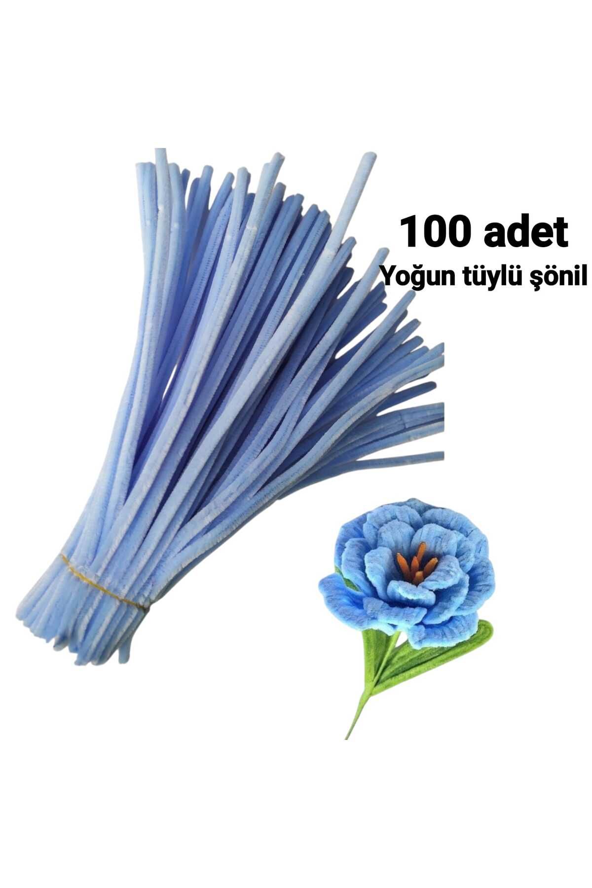 Butik 100'lü Açık Mavi Renkli Şönil, Eğitici Şönil Seti, Tüylü Tel, 30 Cm 6mm
