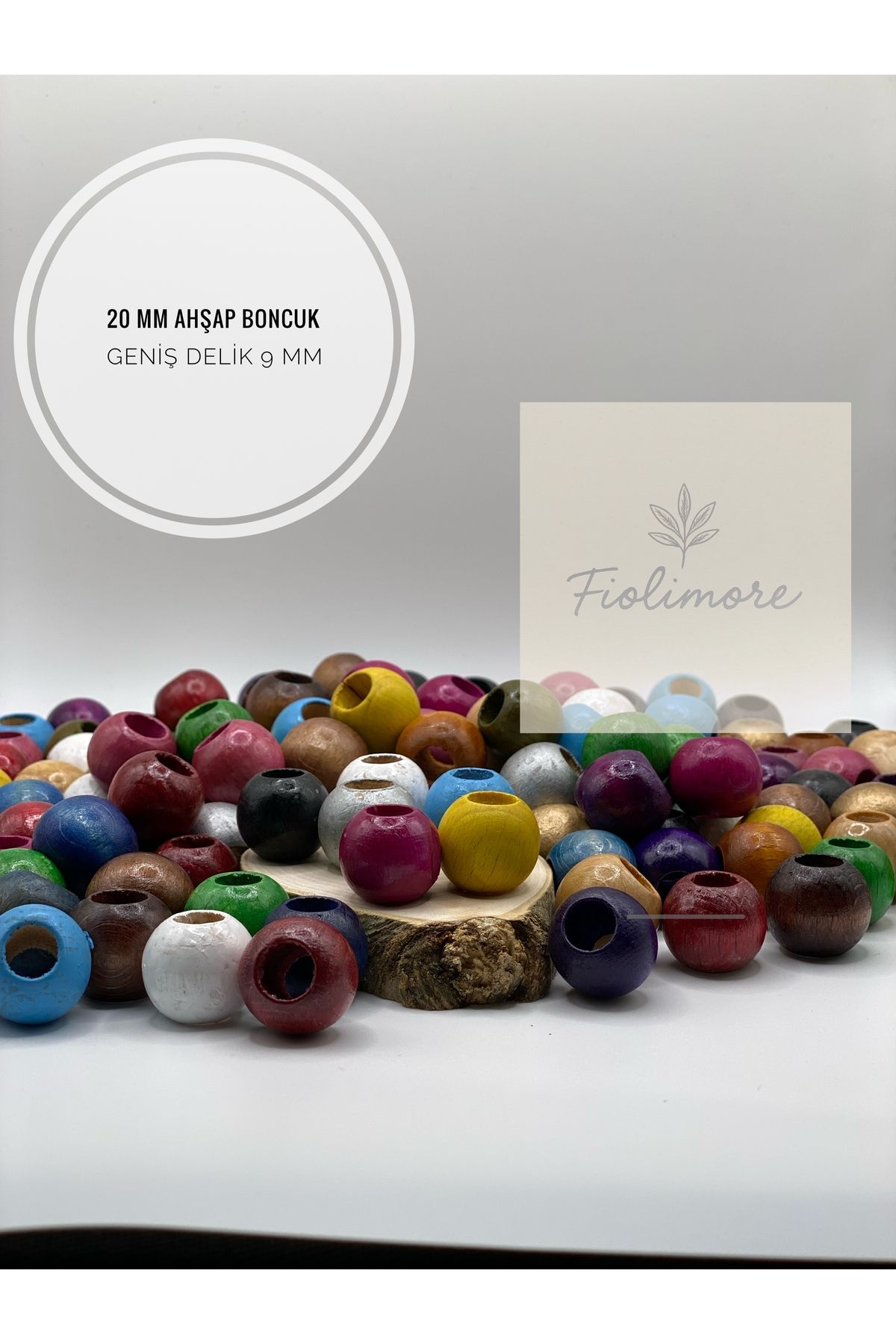 Fiolimore 20 mm Karışık Renk Ahşap Boncuk (50 Gram 22 Adet) Delik Çapı 9 mm Yuvarlak Geniş Delik Renkli Tahta