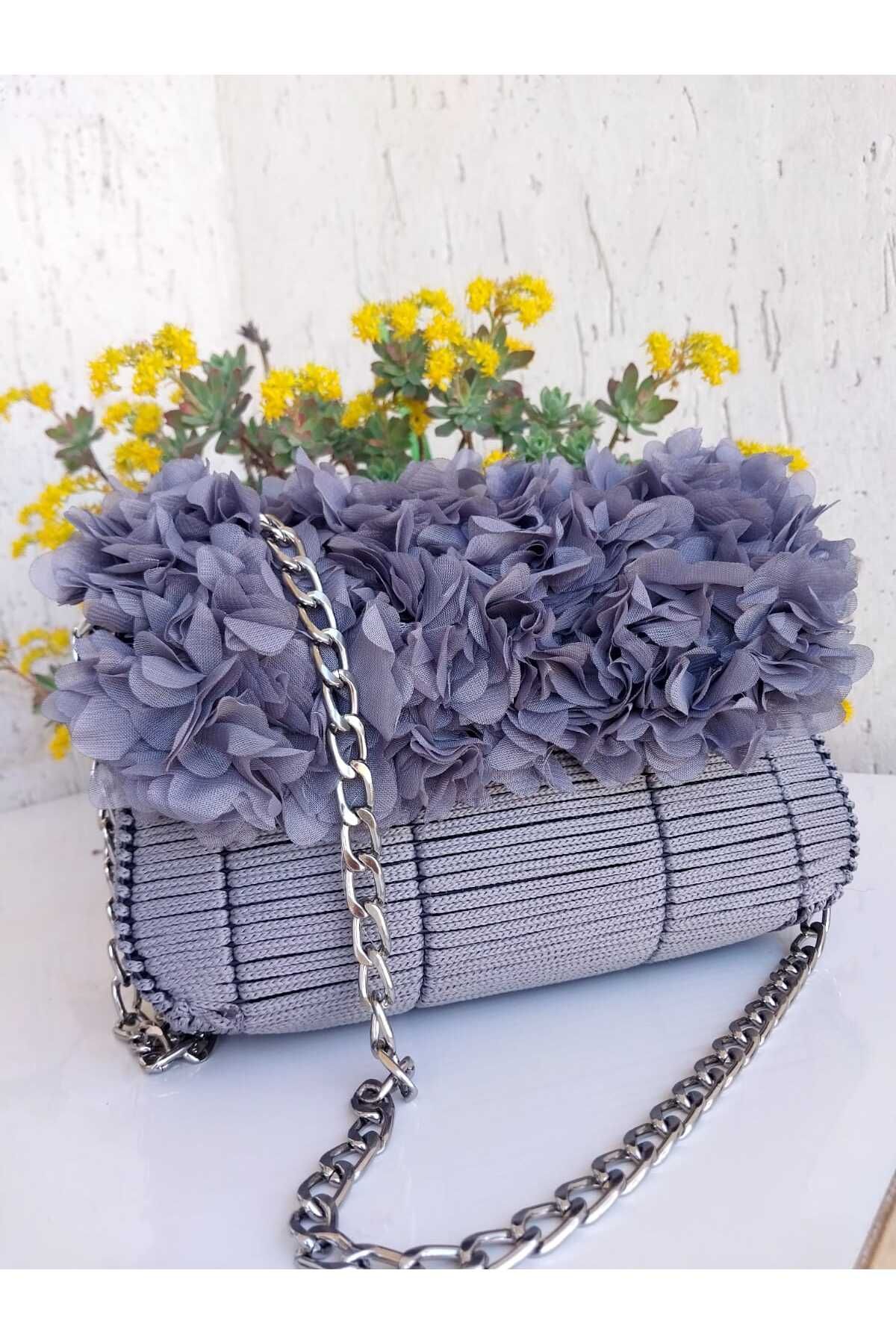 MODA El Örgüsü Kanvas Güllü Mor Omuz Çantası Yaz Modası