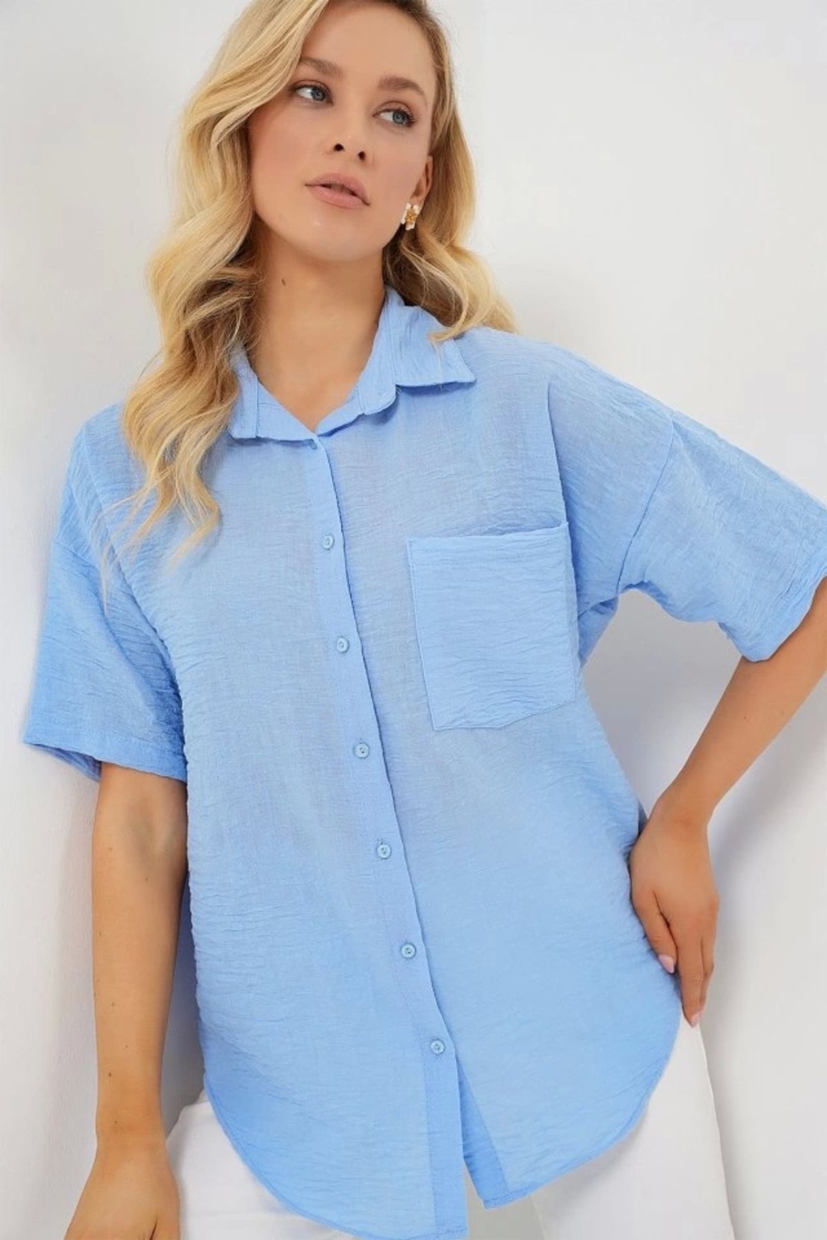 Butik Kısa Kol Keten Görünümlü Gömlek 20336 - Mavi