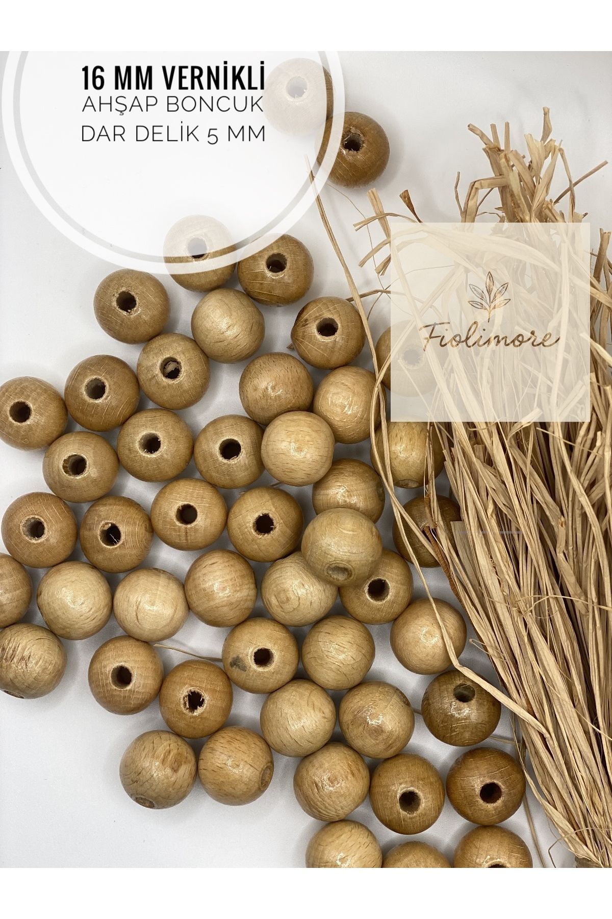 Fiolimore 16 mm Vernikli Ahşap Boncuk (50 Gram 35 Adet) Delik Çapı 5 mm Yuvarlak Dar Delik Tahta