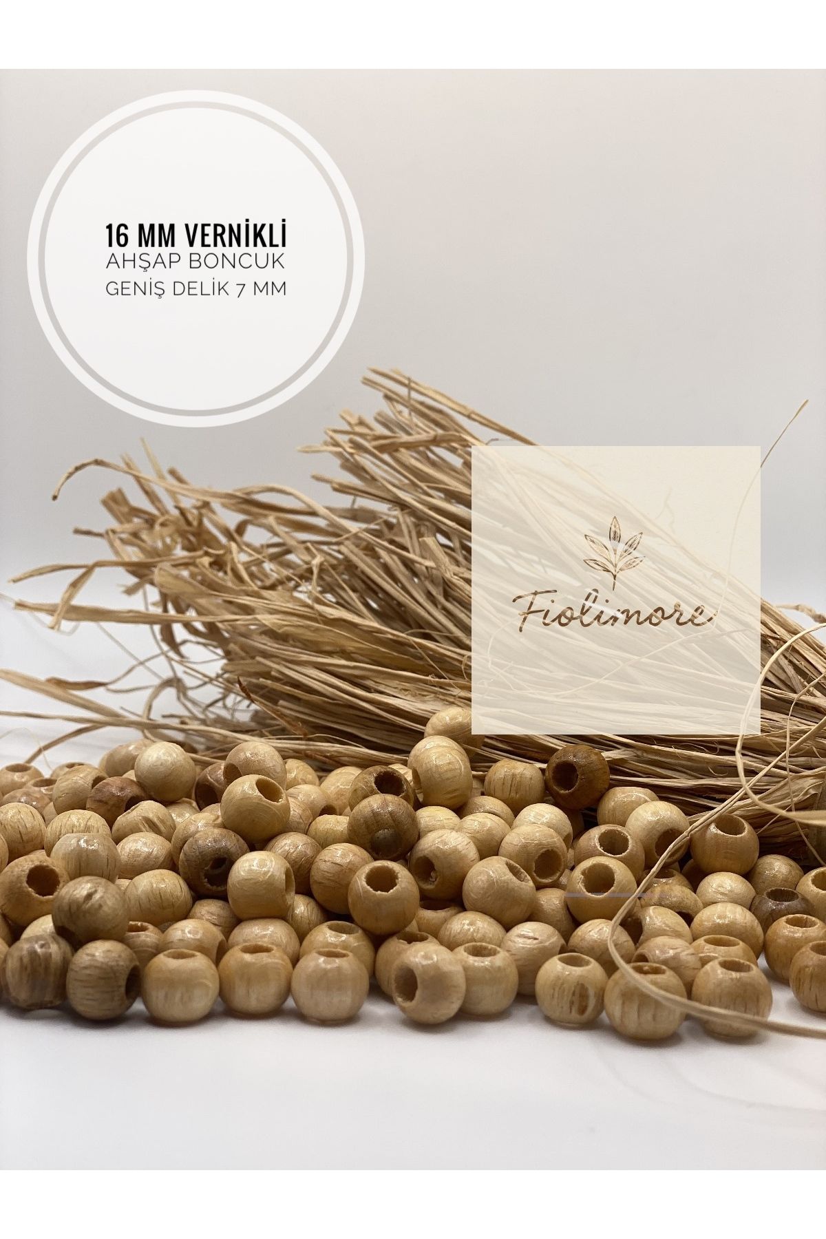 Fiolimore 16 mm Vernikli Ahşap Boncuk (50 Gram 40 Adet) Delik Çapı 7 mm Yuvarlak Geniş Delik Tahta