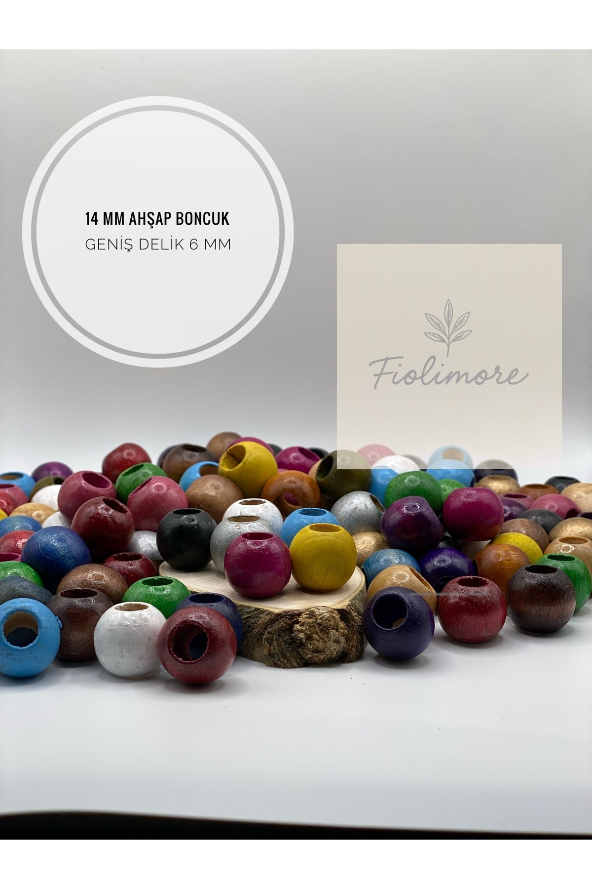 Fiolimore 14 mm Karışık Renk Ahşap Boncuk (50 Gram 60 Adet) Delik Çapı 6 mm Yuvarlak Geniş Delik Renkli Tahta