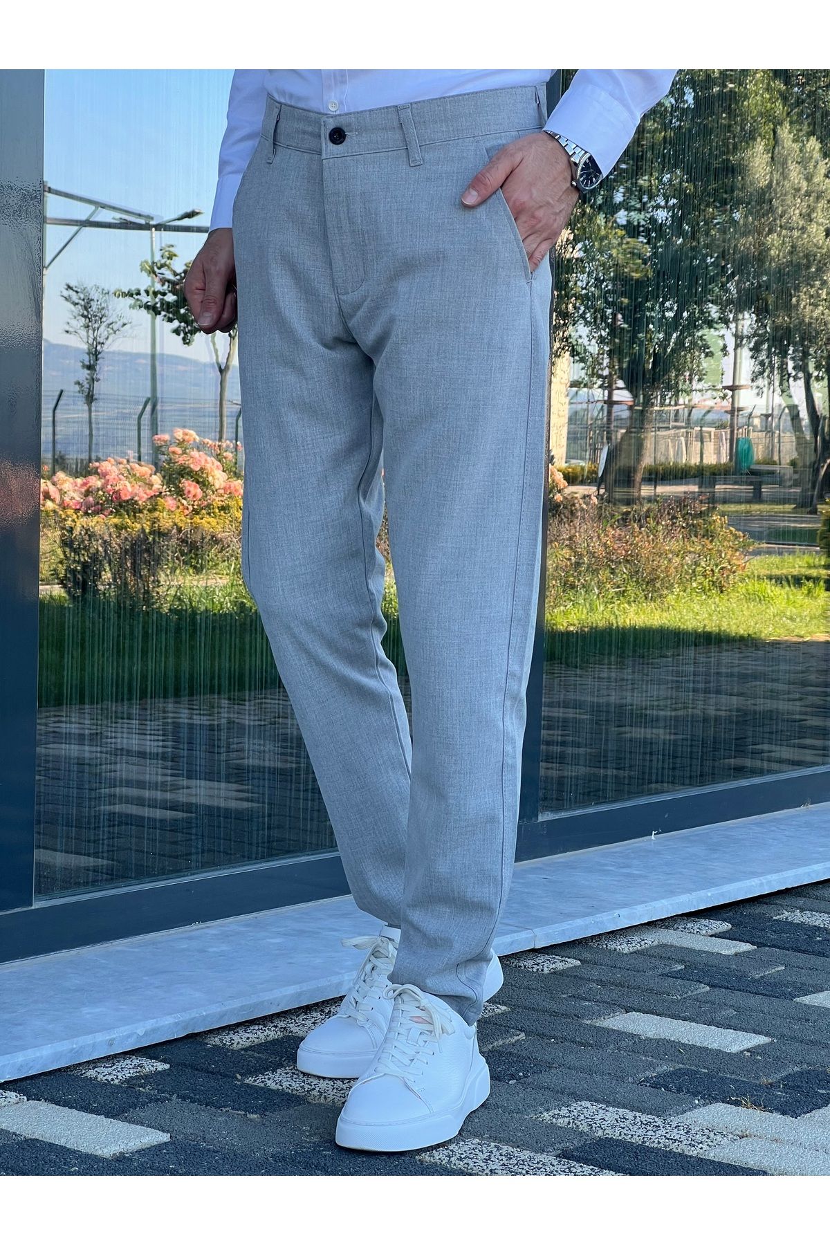 ElitWear Erkek Slim Fit Kemerli Pamuklu Bez Ayak Kumaş Pantolon