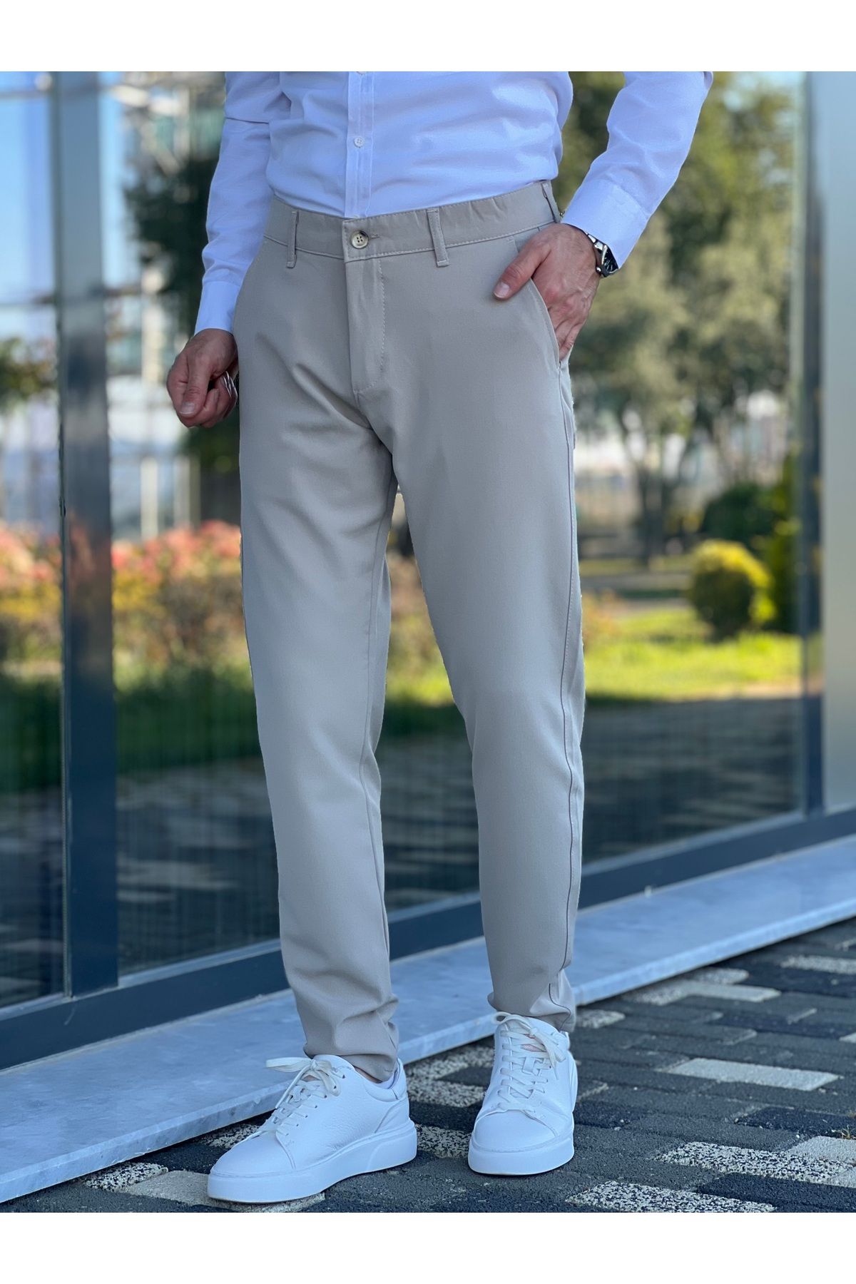 ElitWear Erkek Slim Fit Kemerli Pamuklu Bez Ayak Kumaş Pantolon