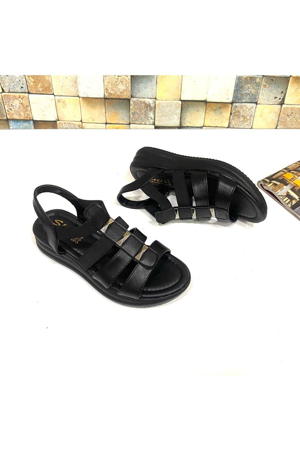 Trendy Moda Yeni Sezon Hafif Rahat Yumuşak Ortopedi Tam Kalıp Kadın Siyah Sandalet