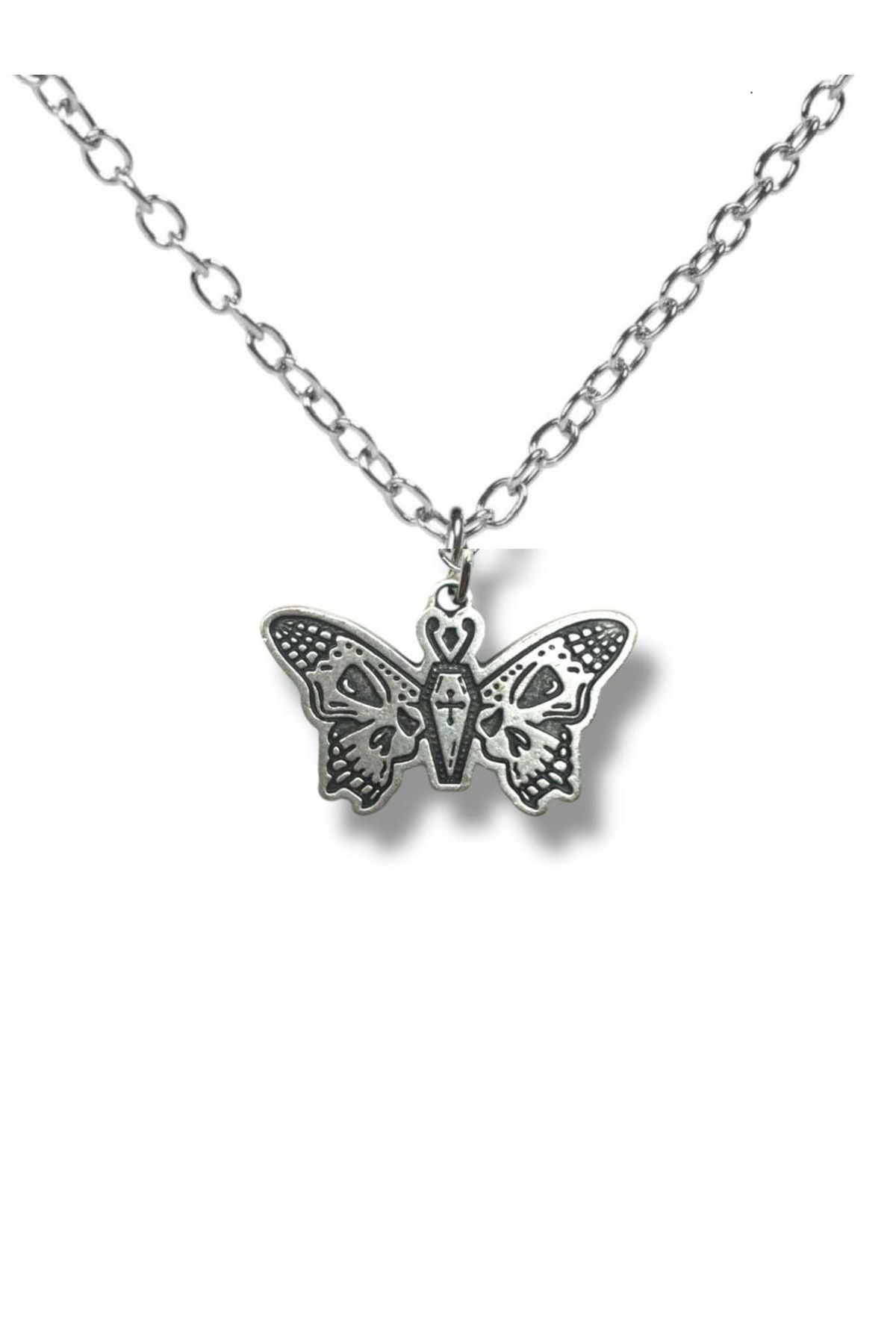 Herşey Nota Gotik Tarz Kelebek Figürlü Unisex Kolye | Siyah Detaylı Butterfly Tasarım | 60 cm Zincir