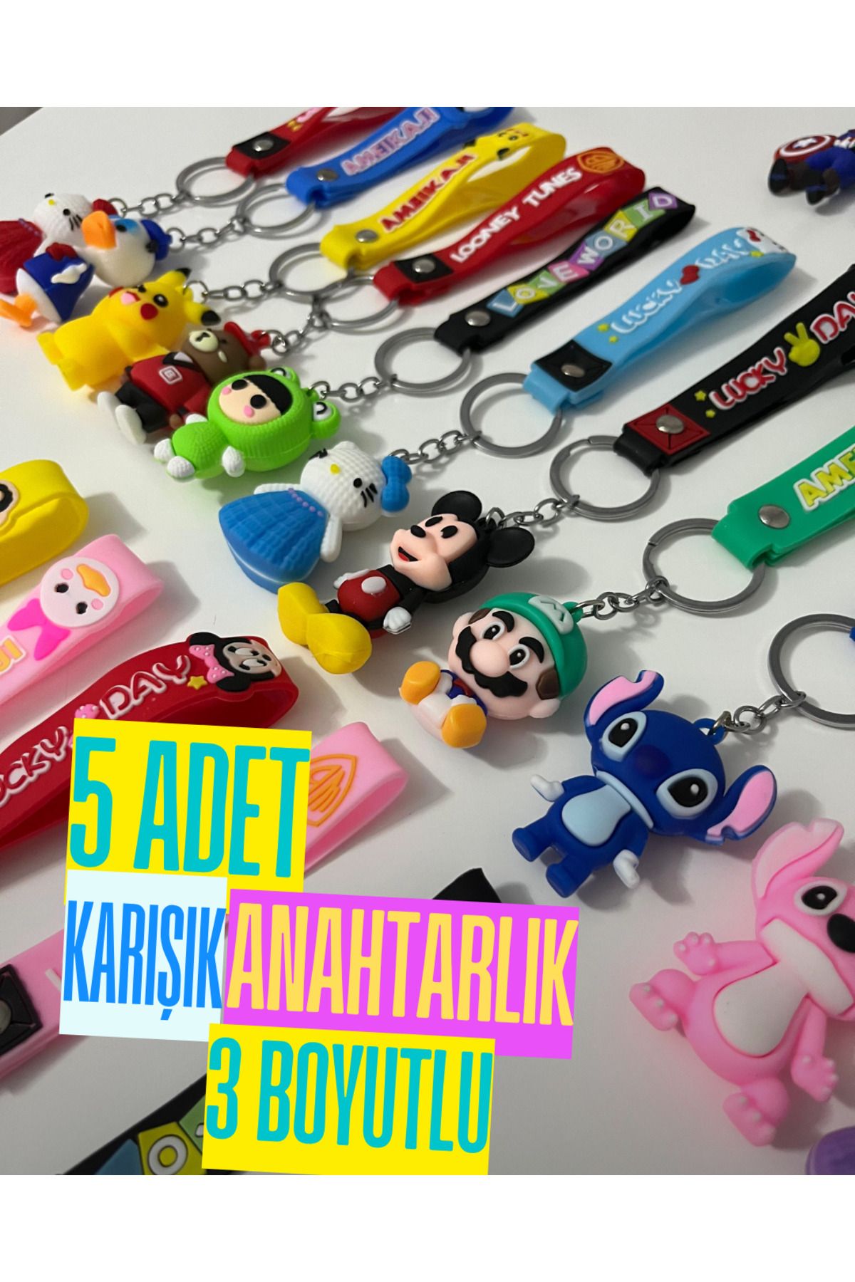 Antin Kuntin 5 Adet Çeşitli 3D Anahtarlık Micky Pikaçu Hello Kitty Basketbolcu Mario Figür Karışık Gönderilir