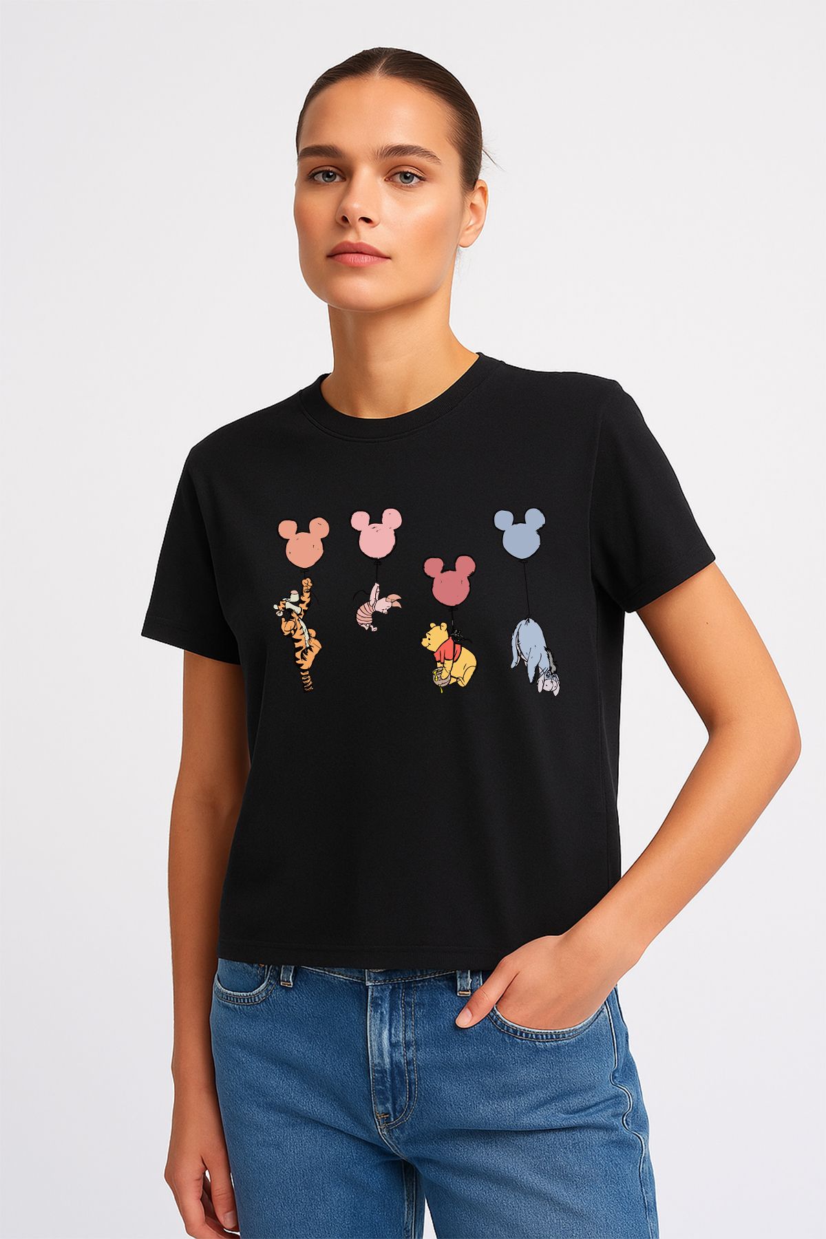 uniqwo Unisex Winnie the Pooh Baskılı %100 Pamuk Premium Regular Siyah T-Shirt