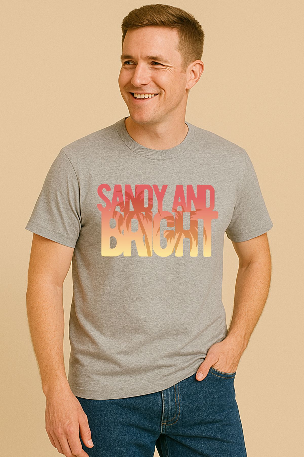 uniqwo Unisex Sandy Bright Yaz Temalı %100 Pamuk Premium Regular Melanj Gri T-Shirt