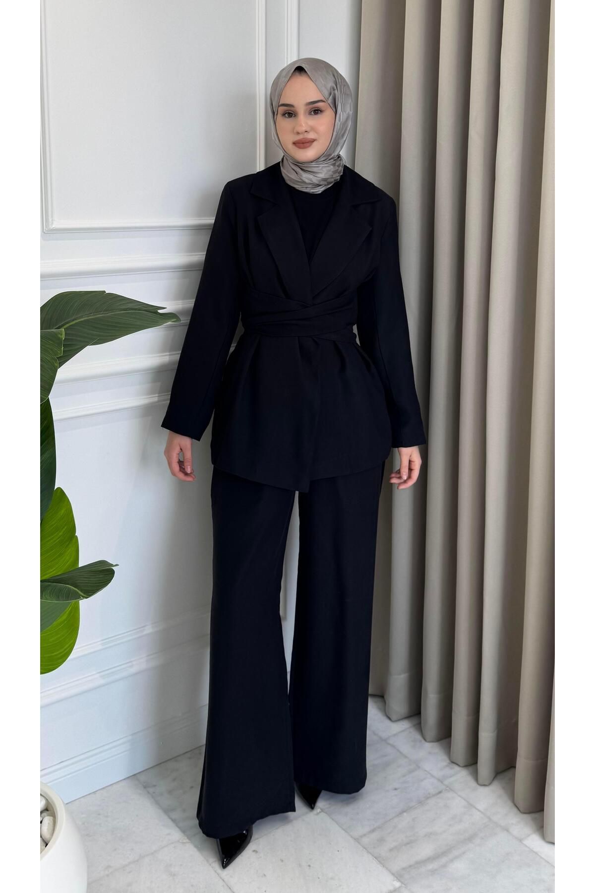 Beige Store Bağlamalı Ceket Pantolon Takım Siyah