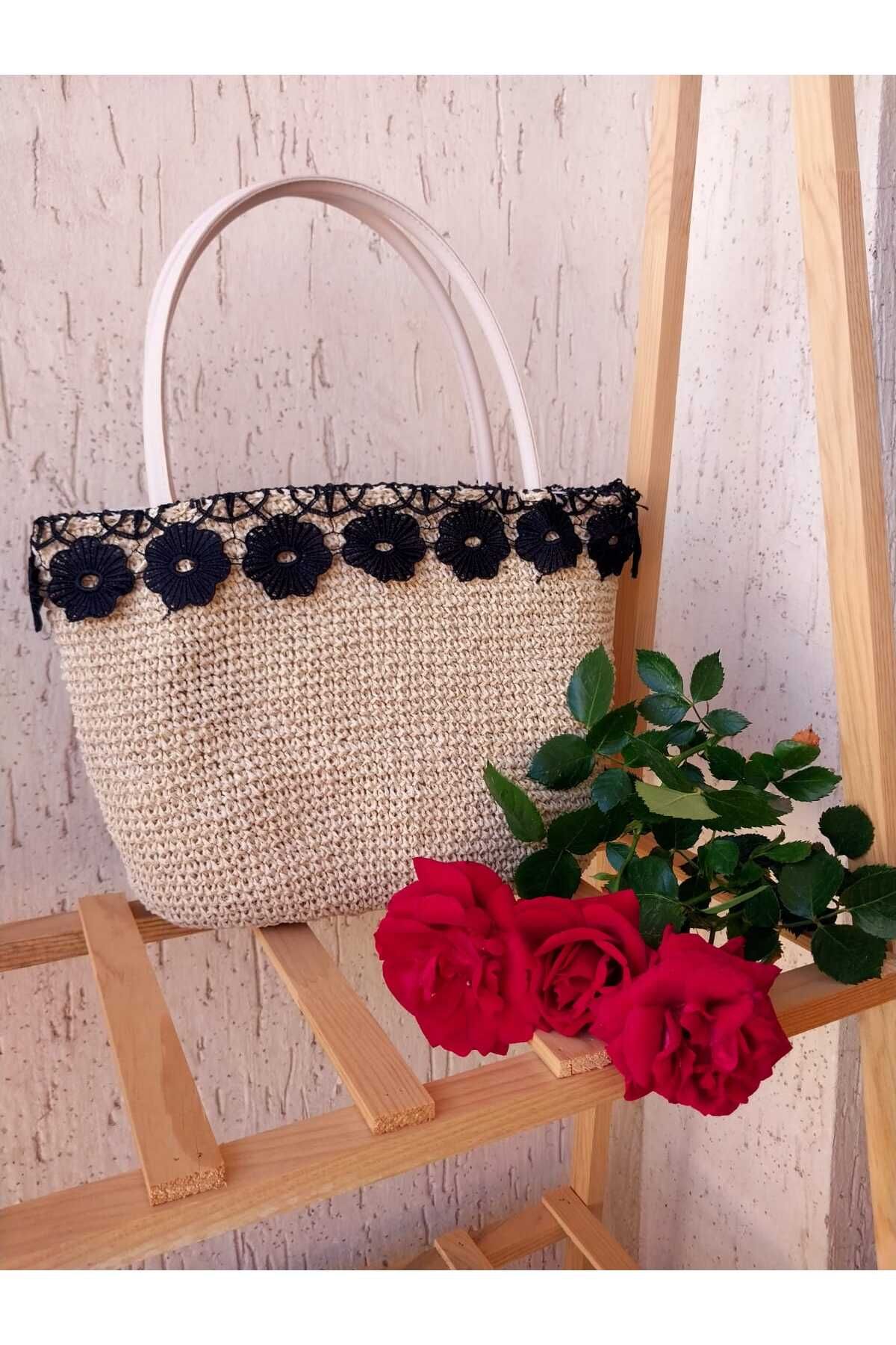 MODA El Örgüsü Dantel İşlemeli Deri Saplı İçi Keçeli Hasır Kağıt İp Plaj Çantası
