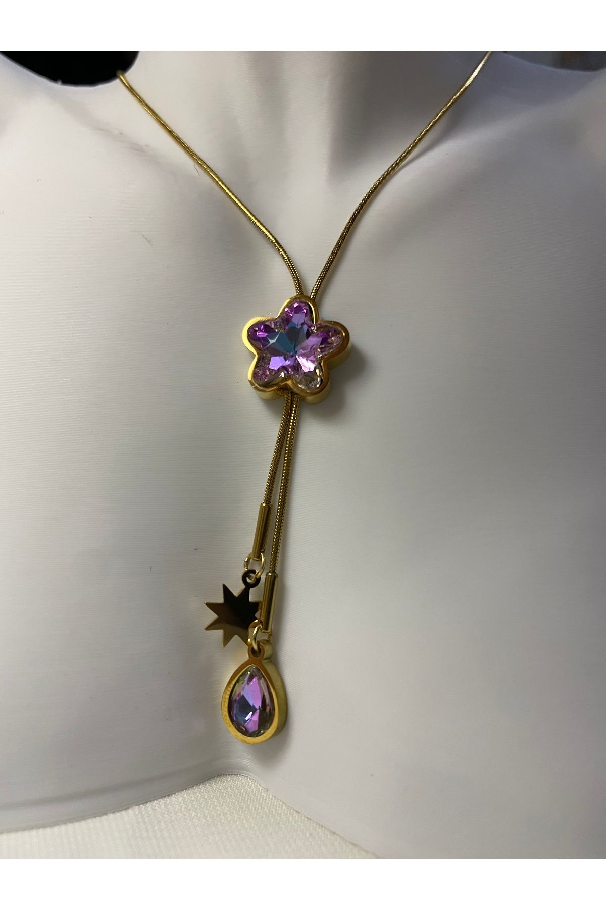 asem jewelry PARLAK KRİSTAL TAŞLI YILDIZ VE DAMLA UÇLU ÇELİK KOLYE