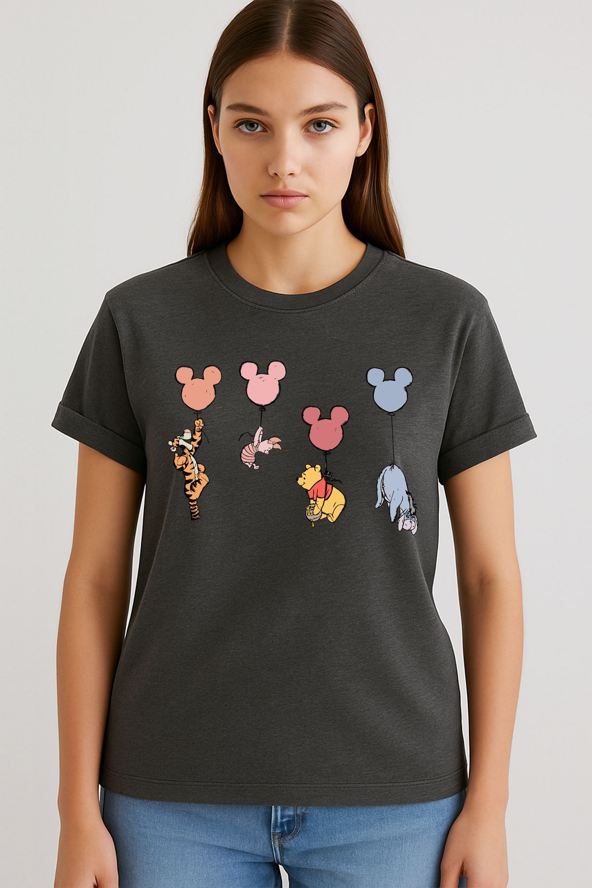 uniqwo Unisex Winnie the Pooh Baskılı %100 Pamuk Premium Regular Koyu Gri T-Shirt