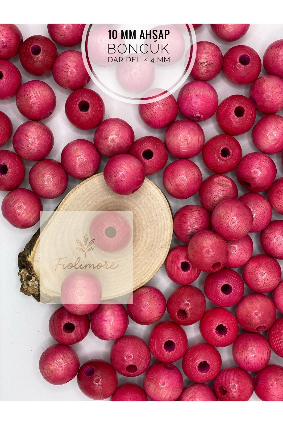 Fiolimore 10 mm Pembe Ahşap Boncuk (50 Gram 140 Adet) Delik Çapı 4 mm Yuvarlak Dar Delik Renkli Tahta