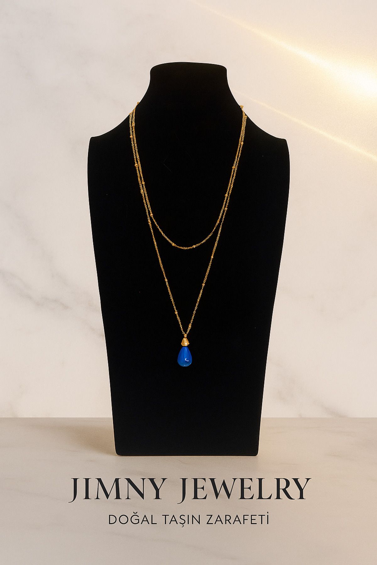 JİMNY JEWELRY Pelot Gold Damla Kesim Mavi Kedi Gözü Uçlu Kolye