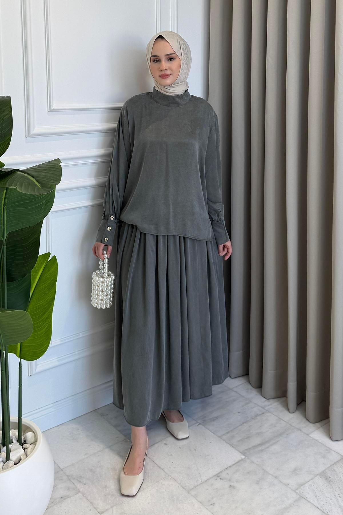Beige Store Kol Manşetli Etek Takım Su Yeşili